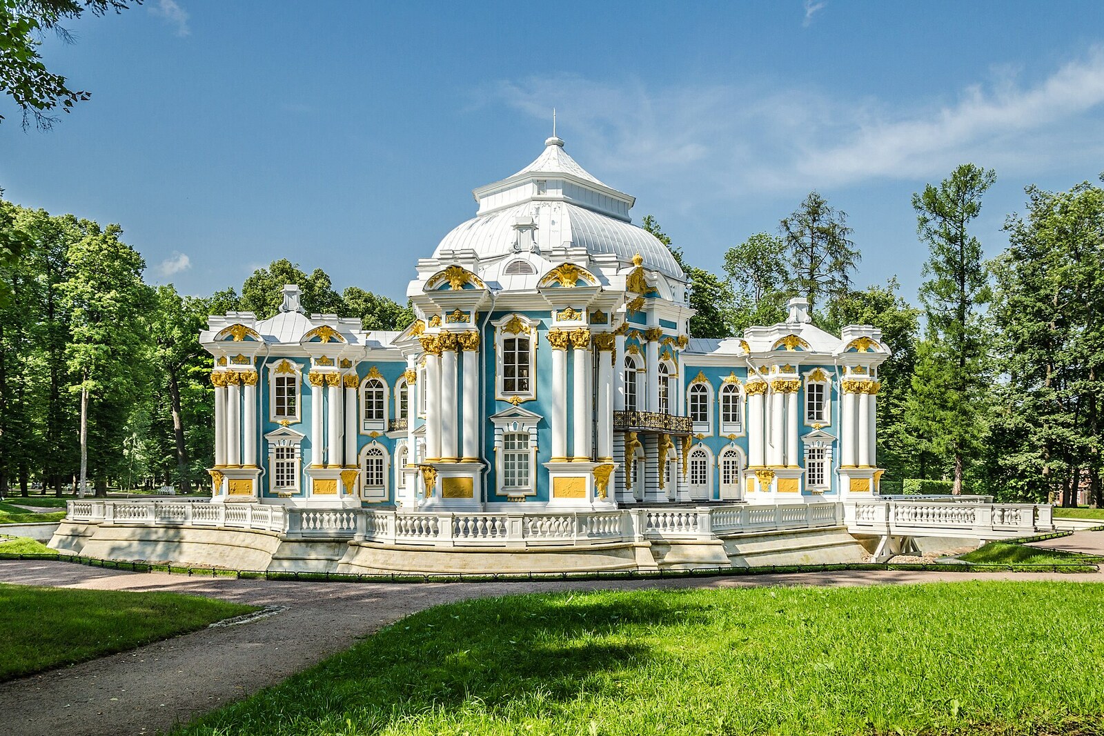The white-and-blue Hermitage Pavilion in Catherine Park