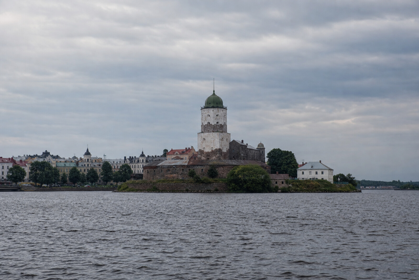 Illustrated cover for a walk through Vyborg, with the silhouette of the castle, water, and a northern city