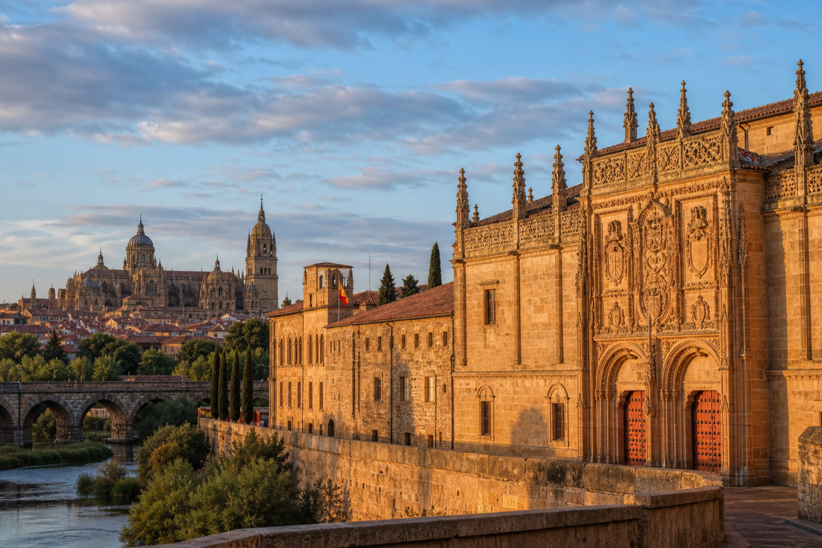 Illustrated façade of the old university above the silhouettes of the cathedrals and the Roman Bridge of Salamanca in Salamanca's golden stone.