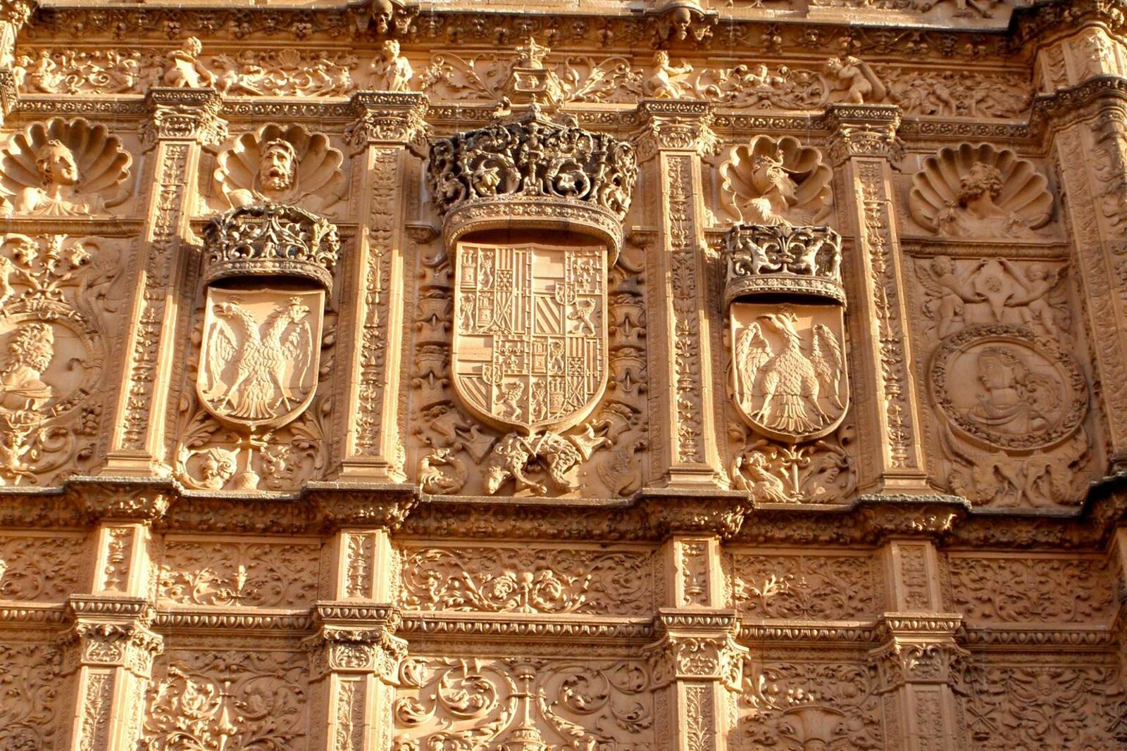 The carved façade of the Escuelas Mayores of the University of Salamanca.