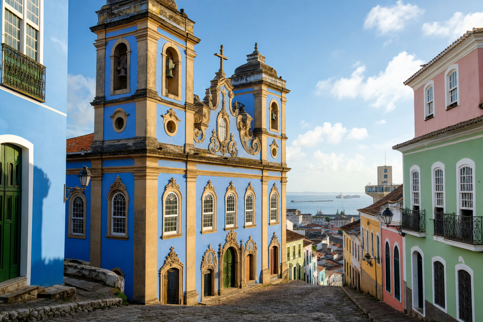 The blue Church of Our Lady of the Rosary of the Black People, baroque ornament, and Elevador Lacerda above the port of Salvador