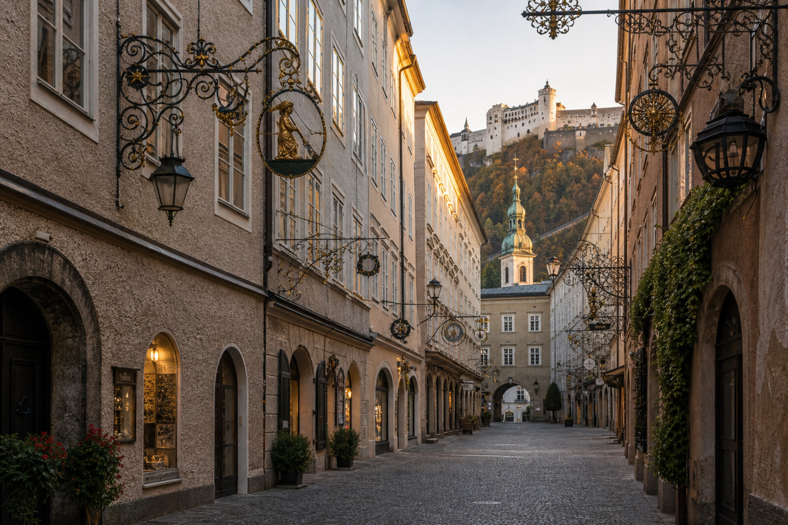 A twilight street in Salzburg with signs and a view of the river and mountains
