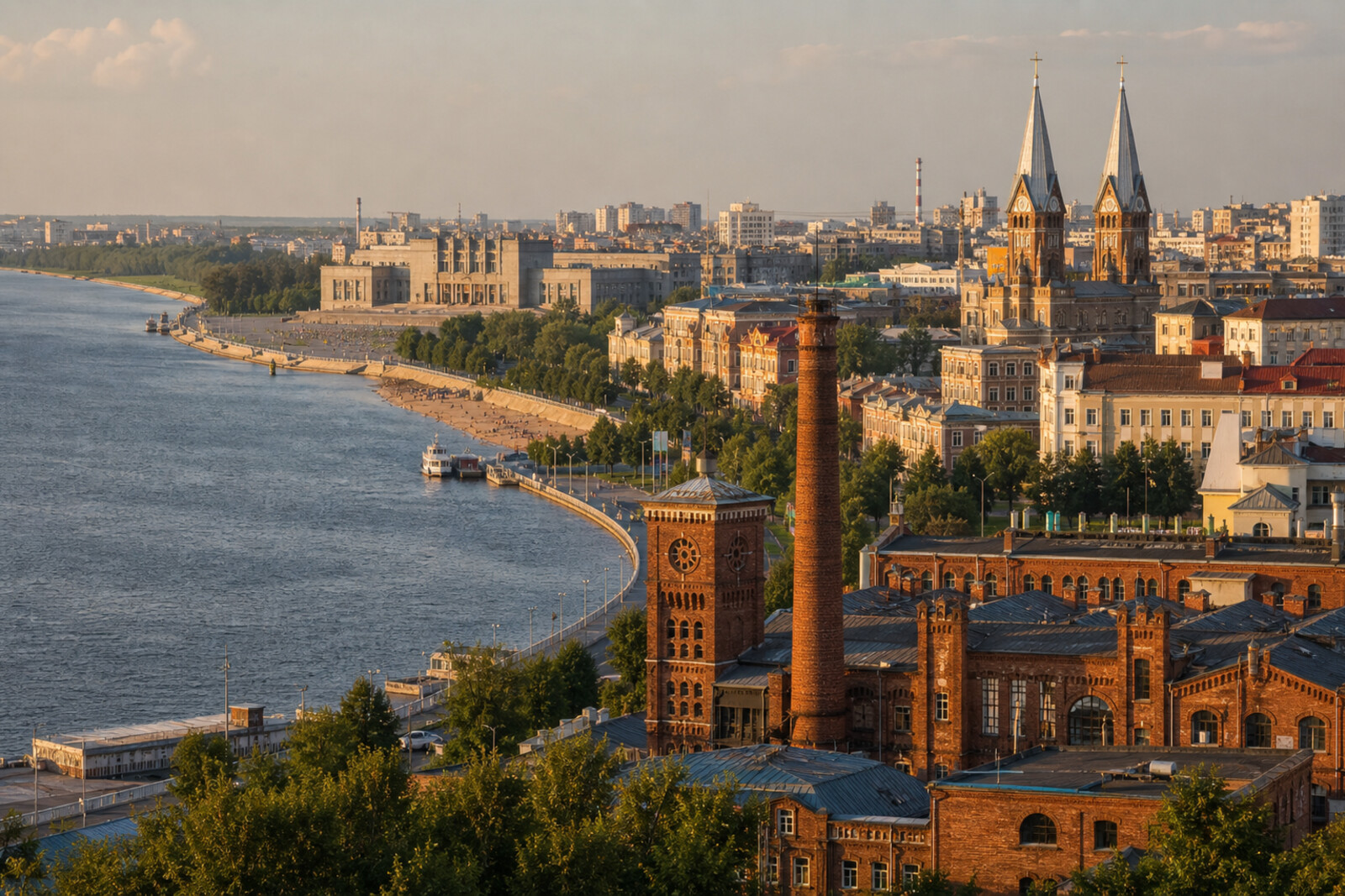 Illustrated cover for a Samara route with the Volga River, red brick, Art Nouveau, a Catholic church, and a vast square.