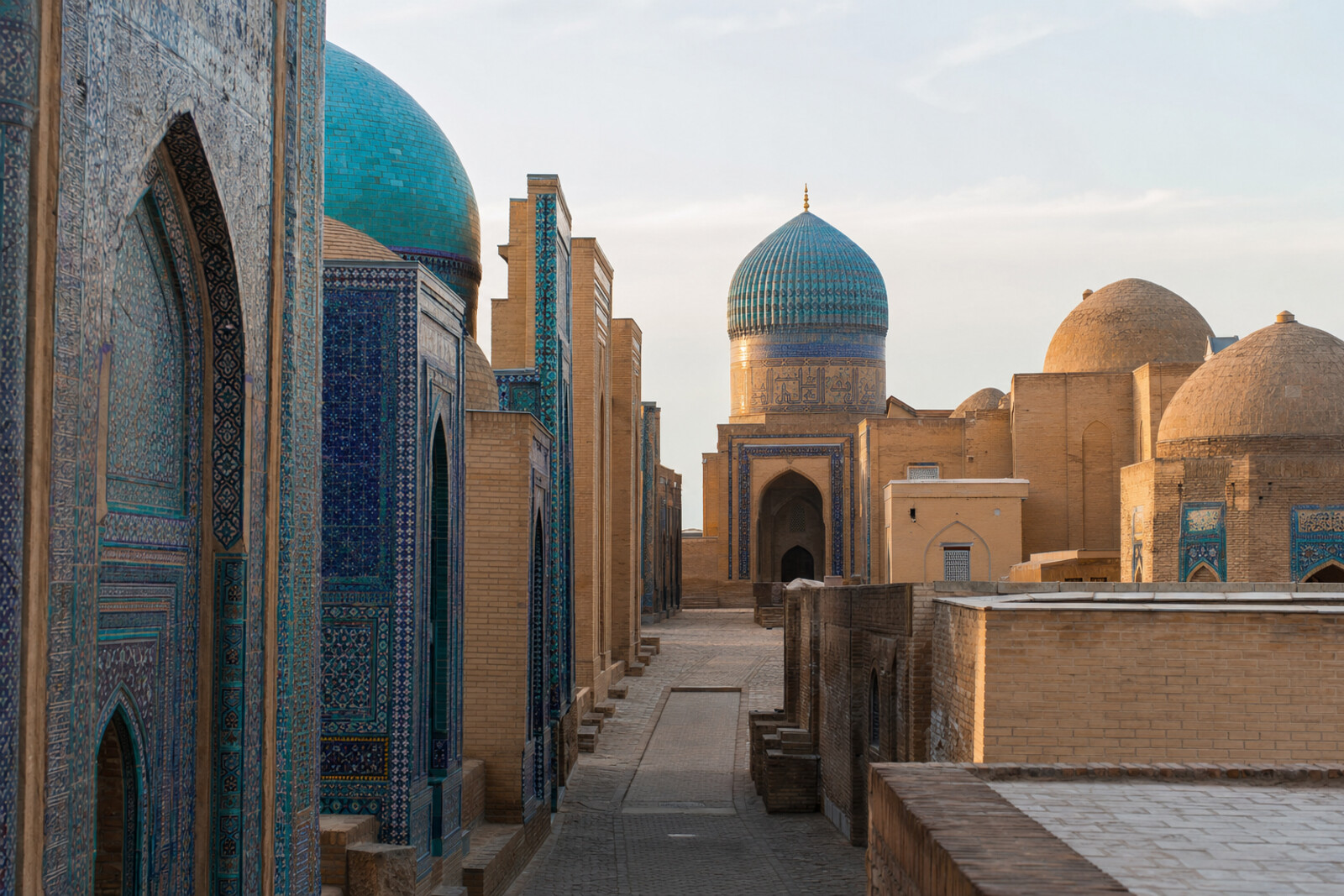 Generated editorial cover for a Samarkand route with turquoise ceramics, a portal, and a dome