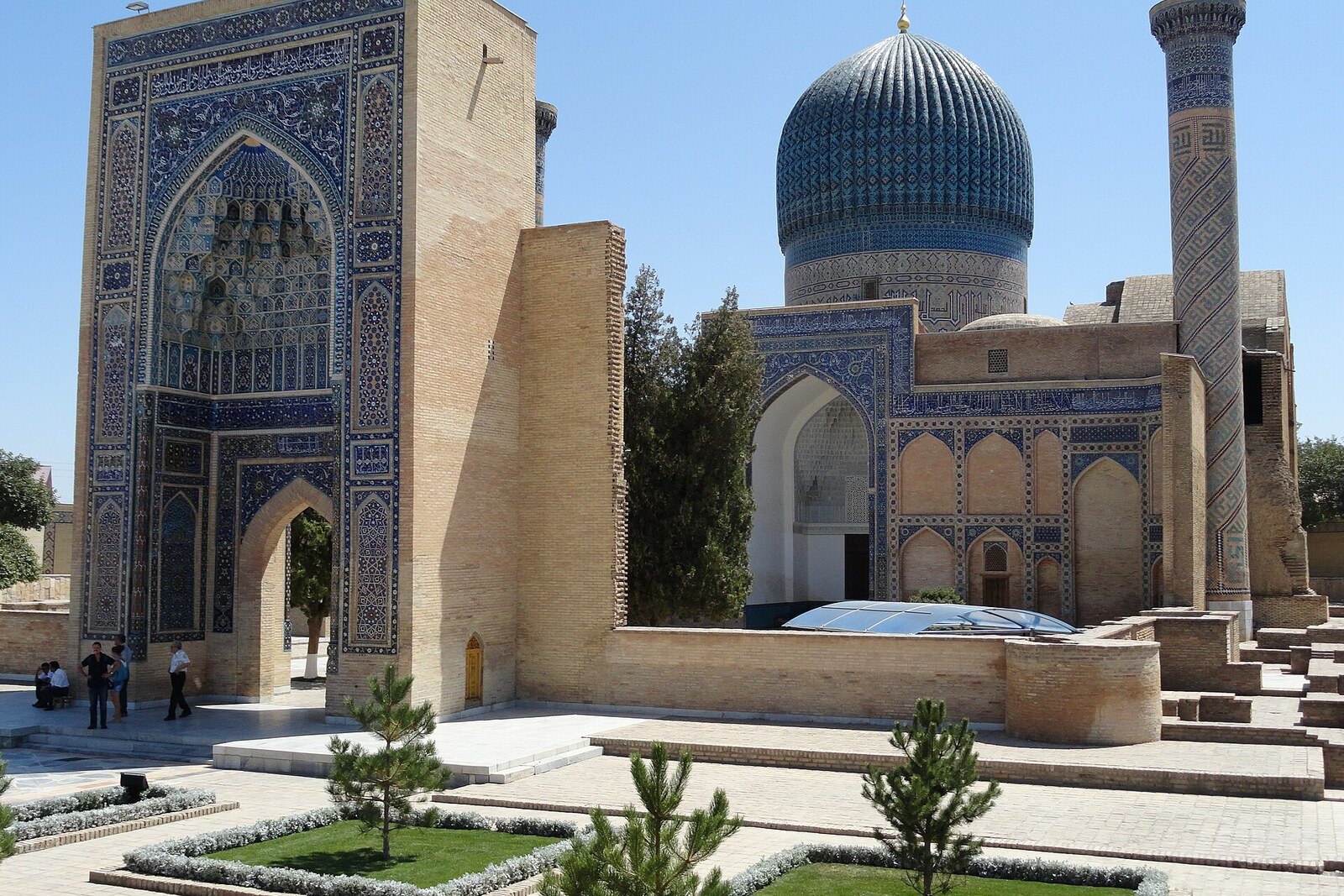The ribbed turquoise dome and mosaic portal of the Gur-e Amir Mausoleum
