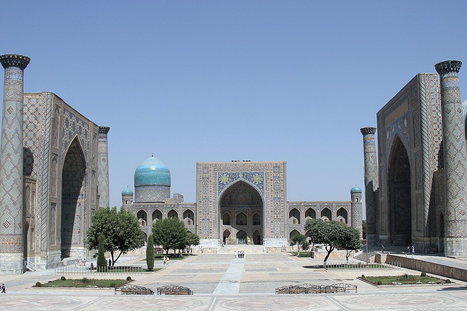 The three madrasas of Registan Square, with their portals facing the square