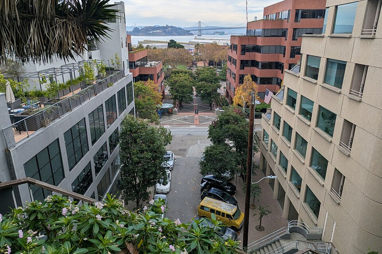 Levi’s Plaza and the lower entrance to the Filbert Steps