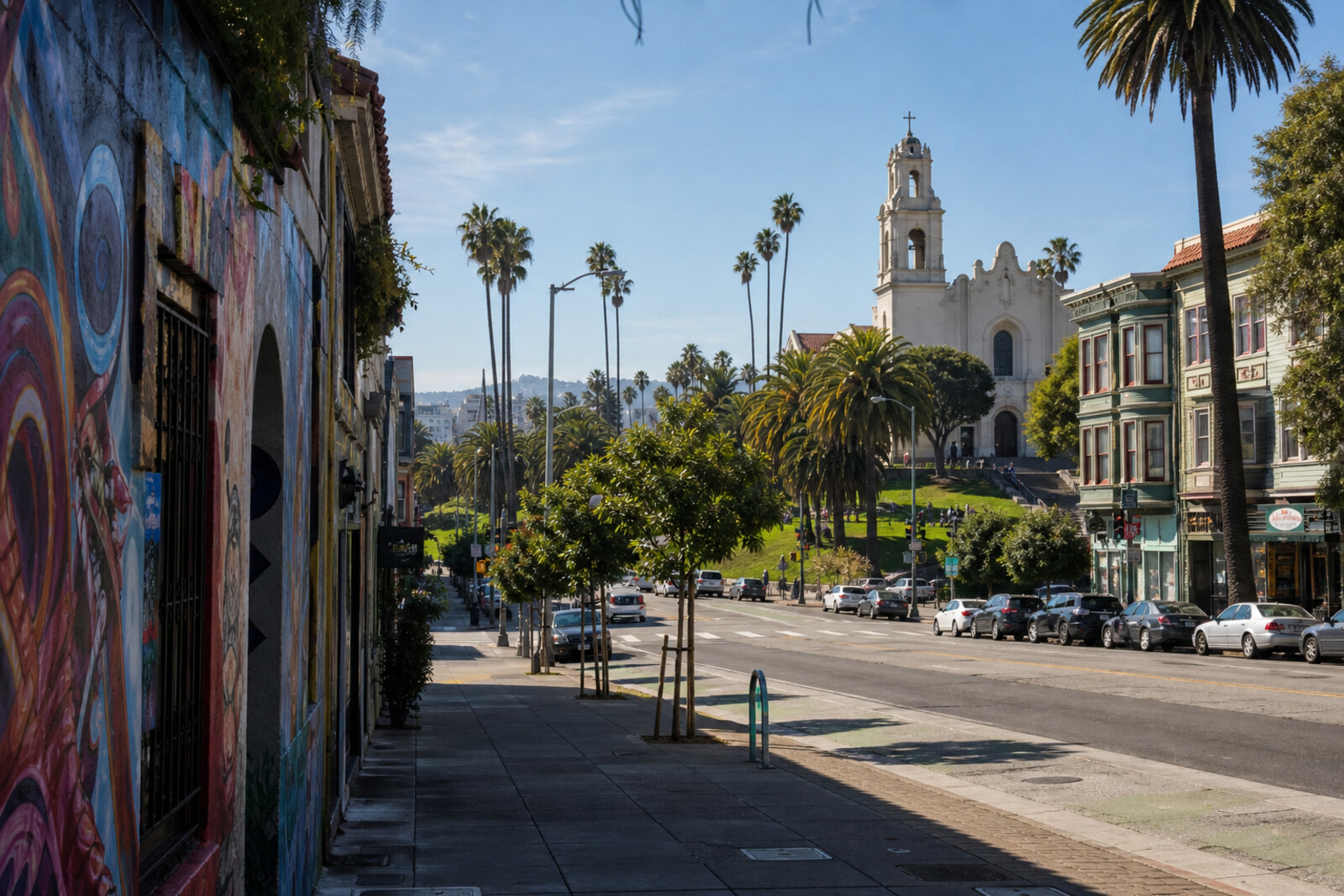 Illustrative Mission District collage: a white chapel, palm trees in Mission Dolores Park, a distant skyline, and abstract painted walls along 24th Street.