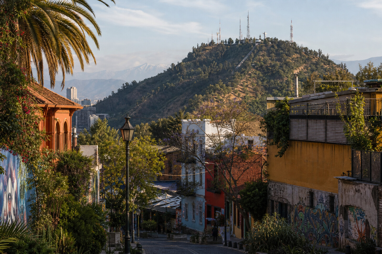 Generated editorial cover for the Bellavista and San Cristóbal Hill route in Santiago, Chile