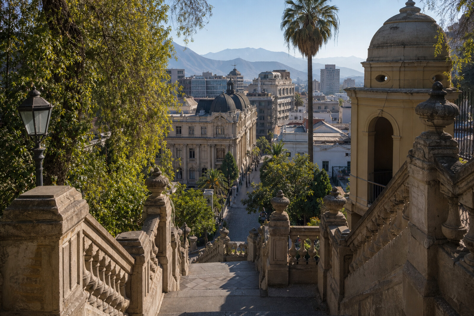 The stone balustrade of Santa Lucía Hill, the leafy José Victorino Lastarria Street, and the silhouette of the Chilean National Museum of Fine Arts dome in Santiago's soft light.