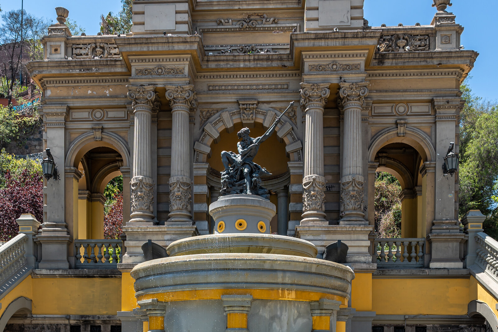 Neptune Fountain and the stone stairways of Neptune Terrace on Santa Lucía Hill.