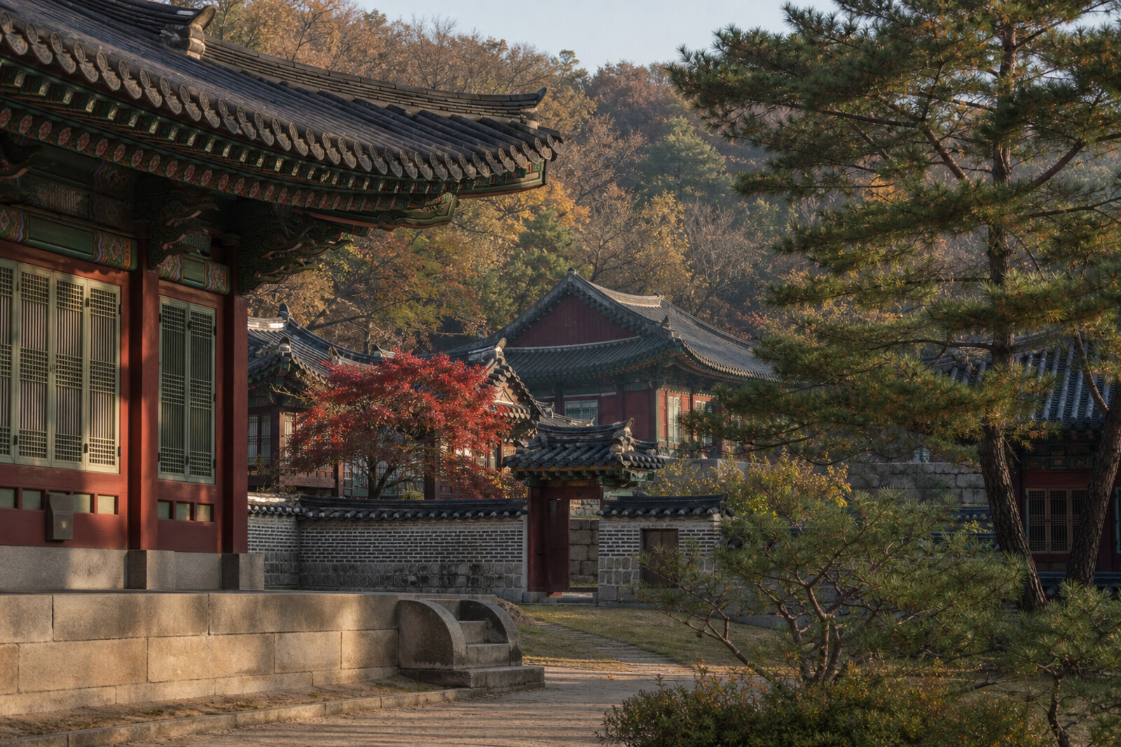 A poetic composition of Changdeokgung Palace rooftops, Huwon pond, and the long ritual hall of Jongmyo Shrine among pine trees.