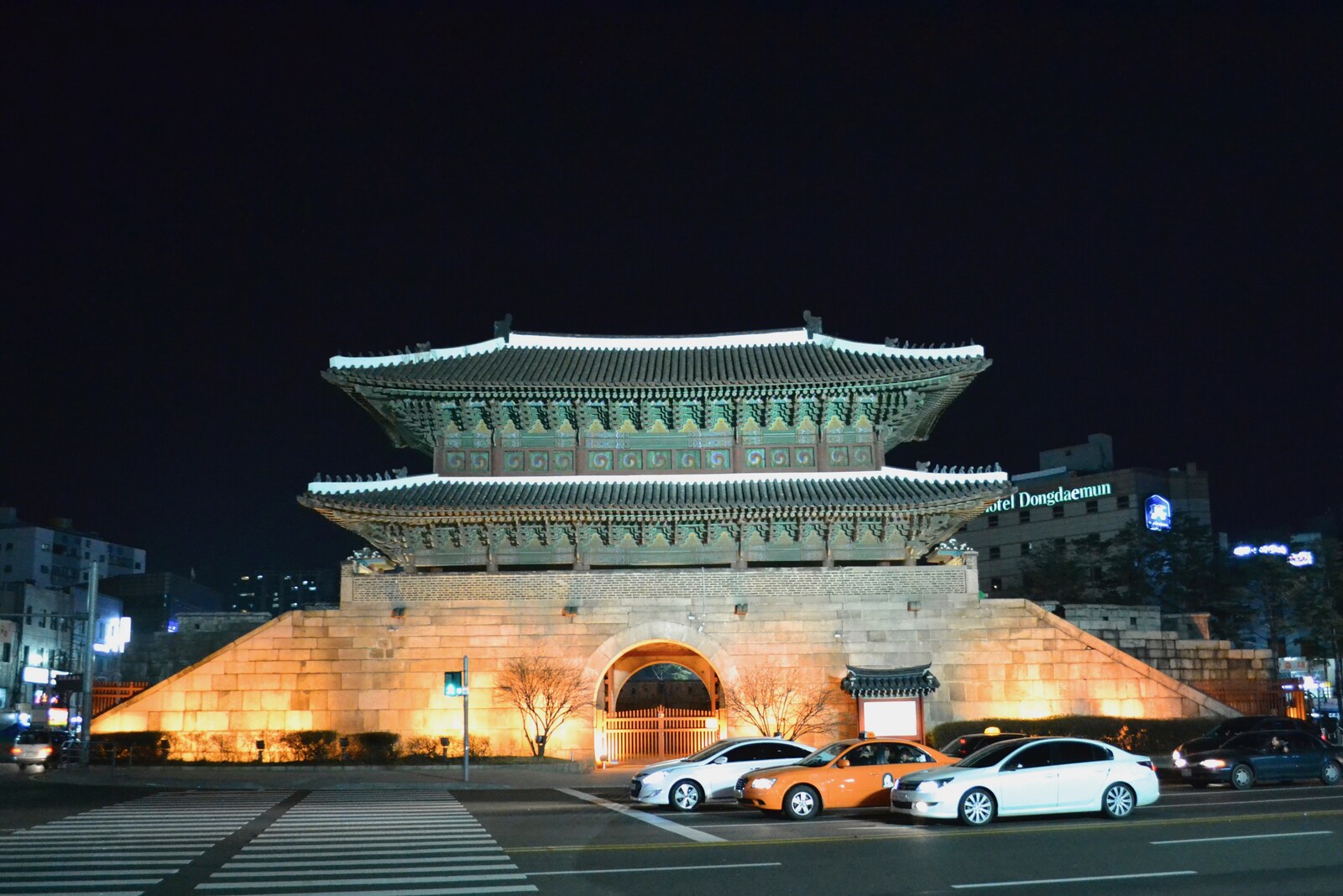 Nighttime photograph of Heunginjimun Gate with its barbican