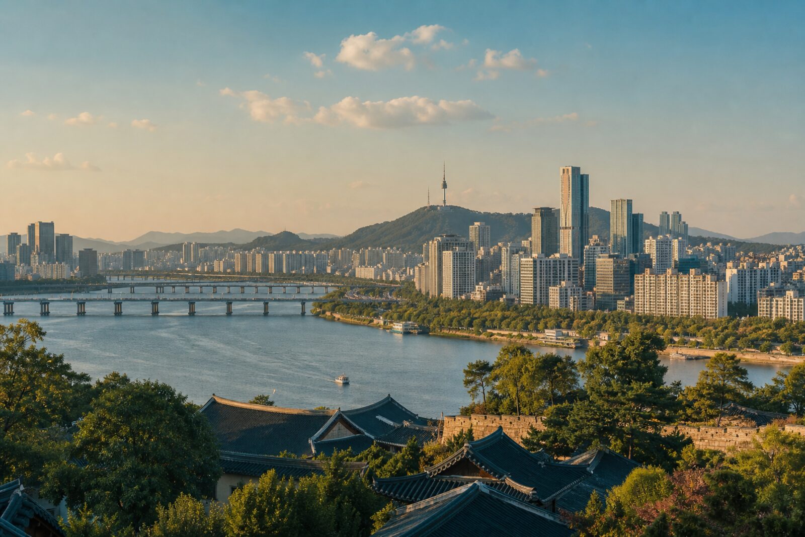 Seoul by the Han River with the silhouette of Namsan and rooftops below
