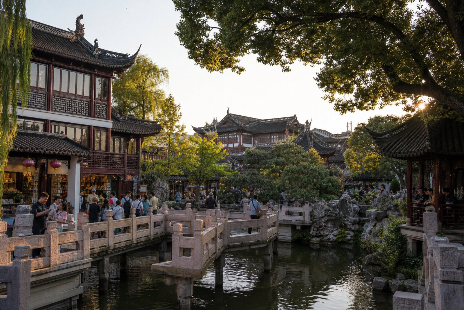 Romantic illustration of old Shanghai with a garden, pond, and lanterns