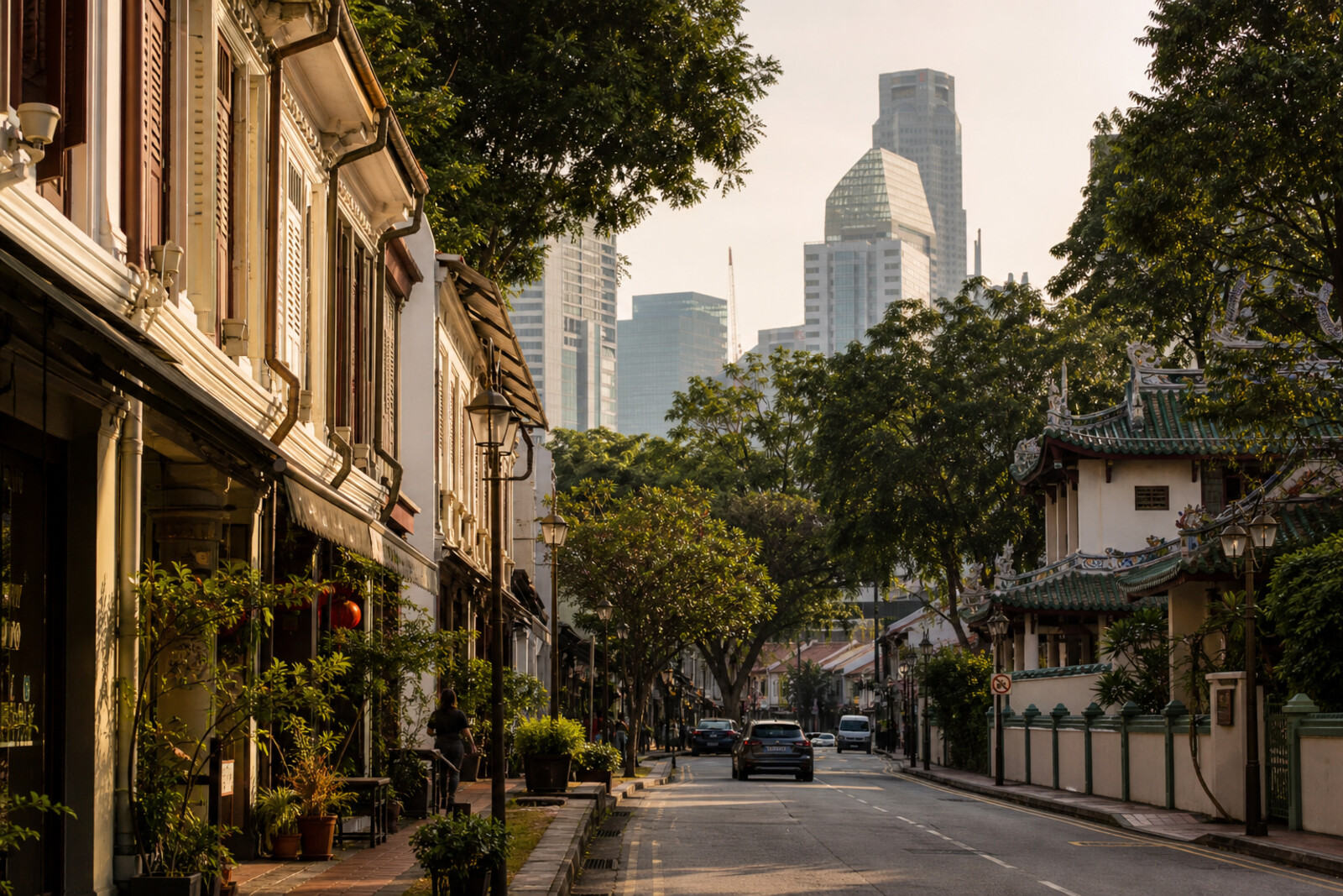 Illustrated scene with Chinese and Indian temples and brightly colored shophouses by Singapore's former shoreline.