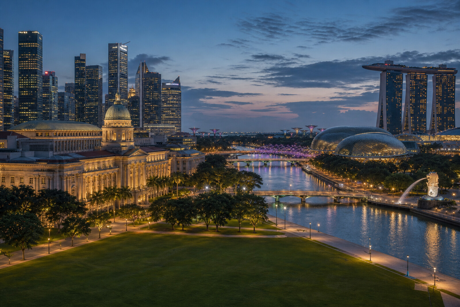 Generated editorial cover image for a route along the Singapore River and bay