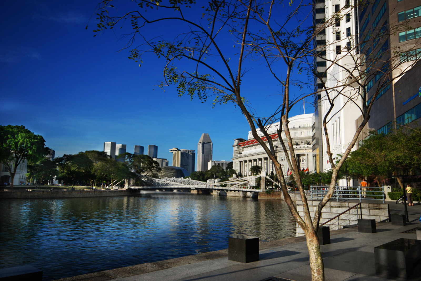 Cavenagh Bridge across the Singapore River and the façade of Fullerton.