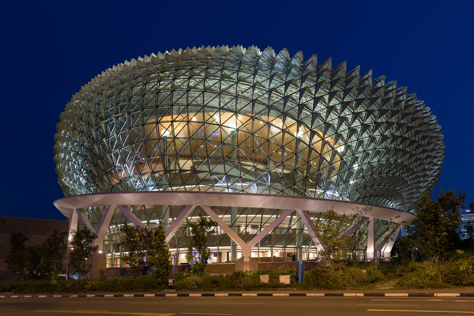The Esplanade’s shells on the waterfront at blue hour.