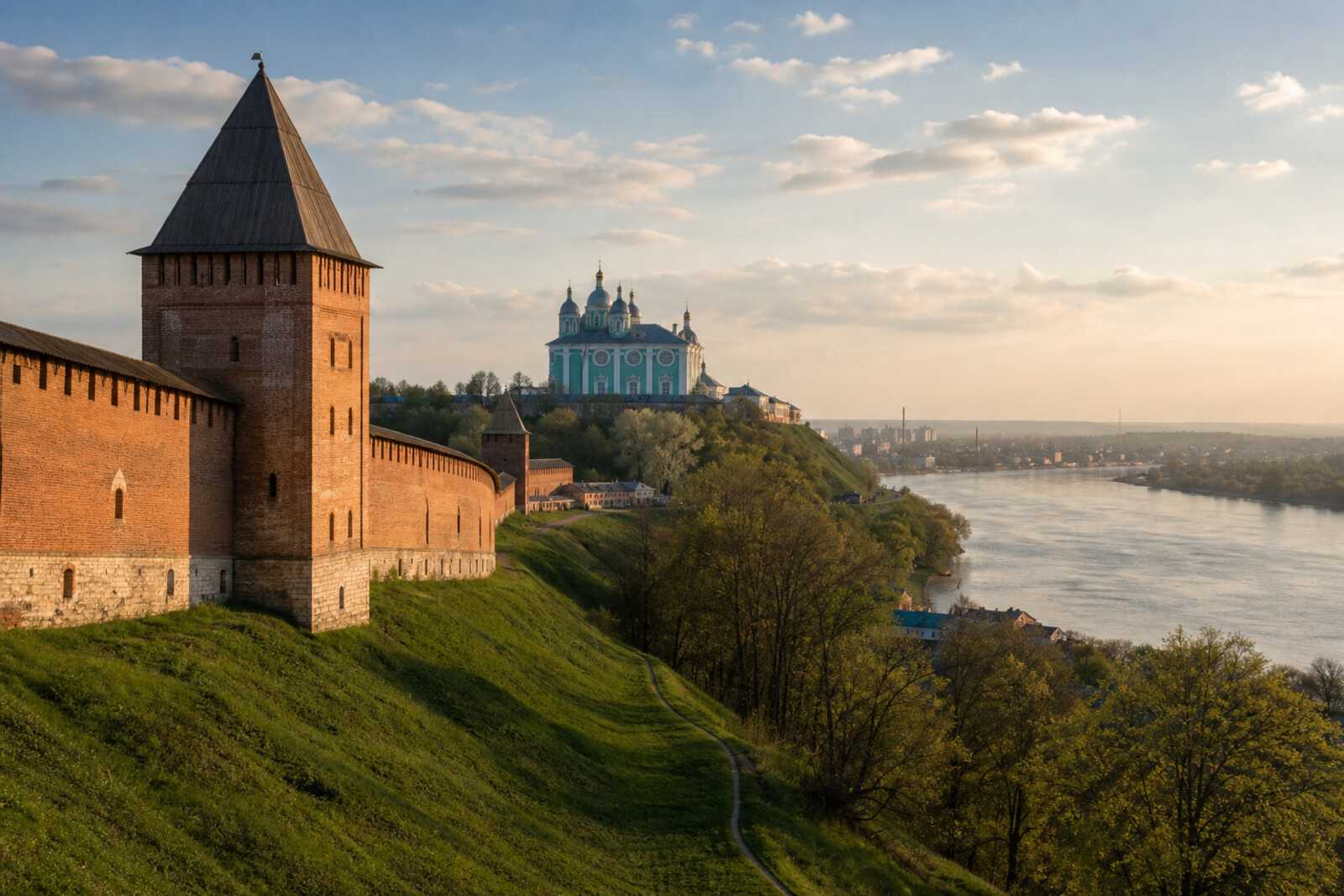 AI-generated editorial cover for a route through Smolensk: the fortress wall, Assumption Cathedral on the hill, and the Dnieper below.