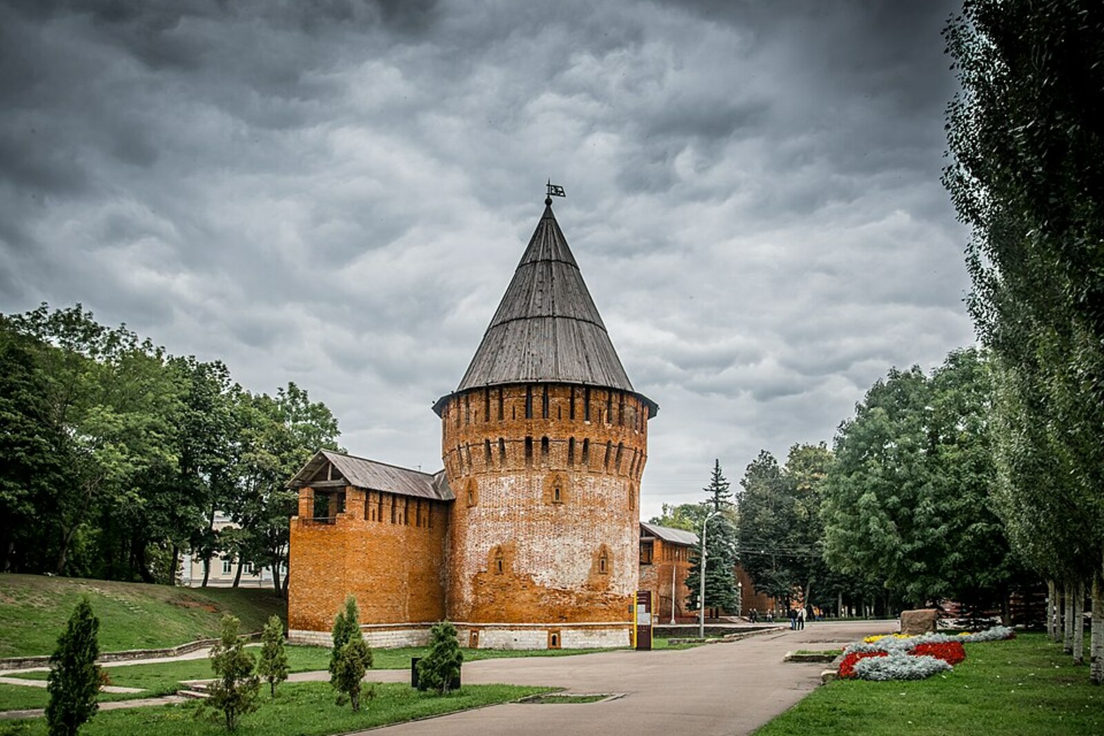 Gromovaya Tower of the Smolensk Fortress Wall with adjoining sections of the wall.