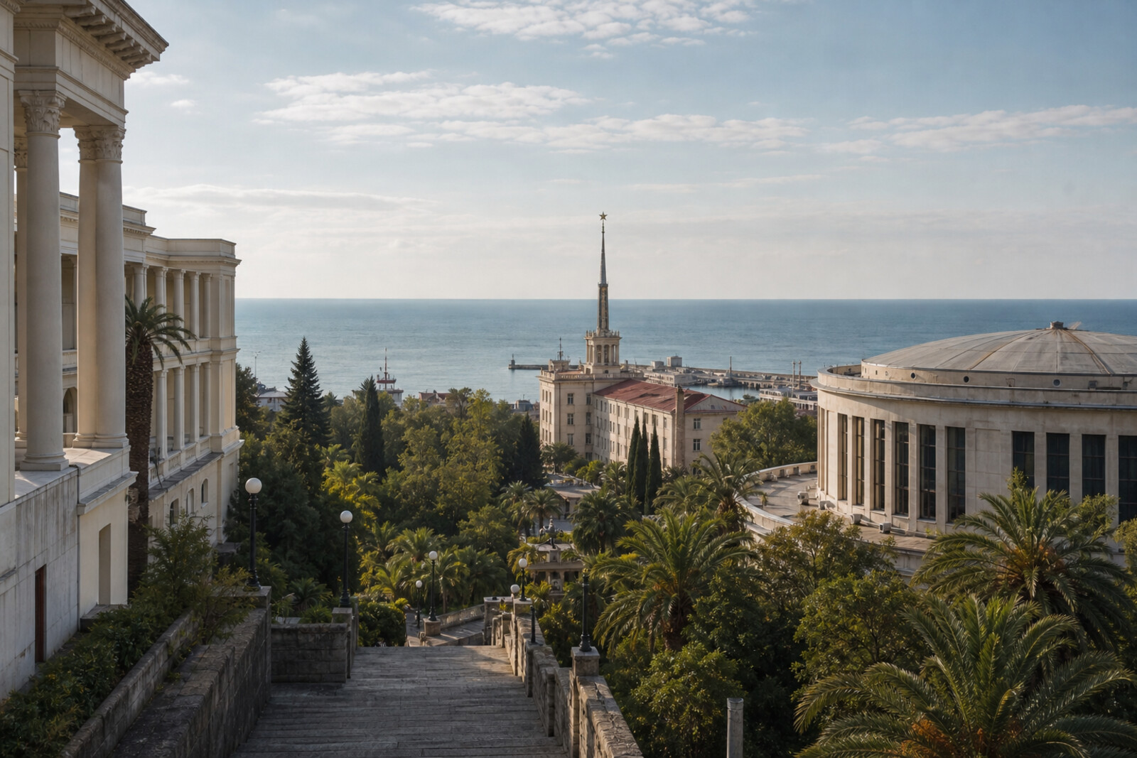 Generated editorial cover for a route through Soviet resort Sochi: the sea terminal, sanatorium colonnades, a circus, and subtropical greenery.
