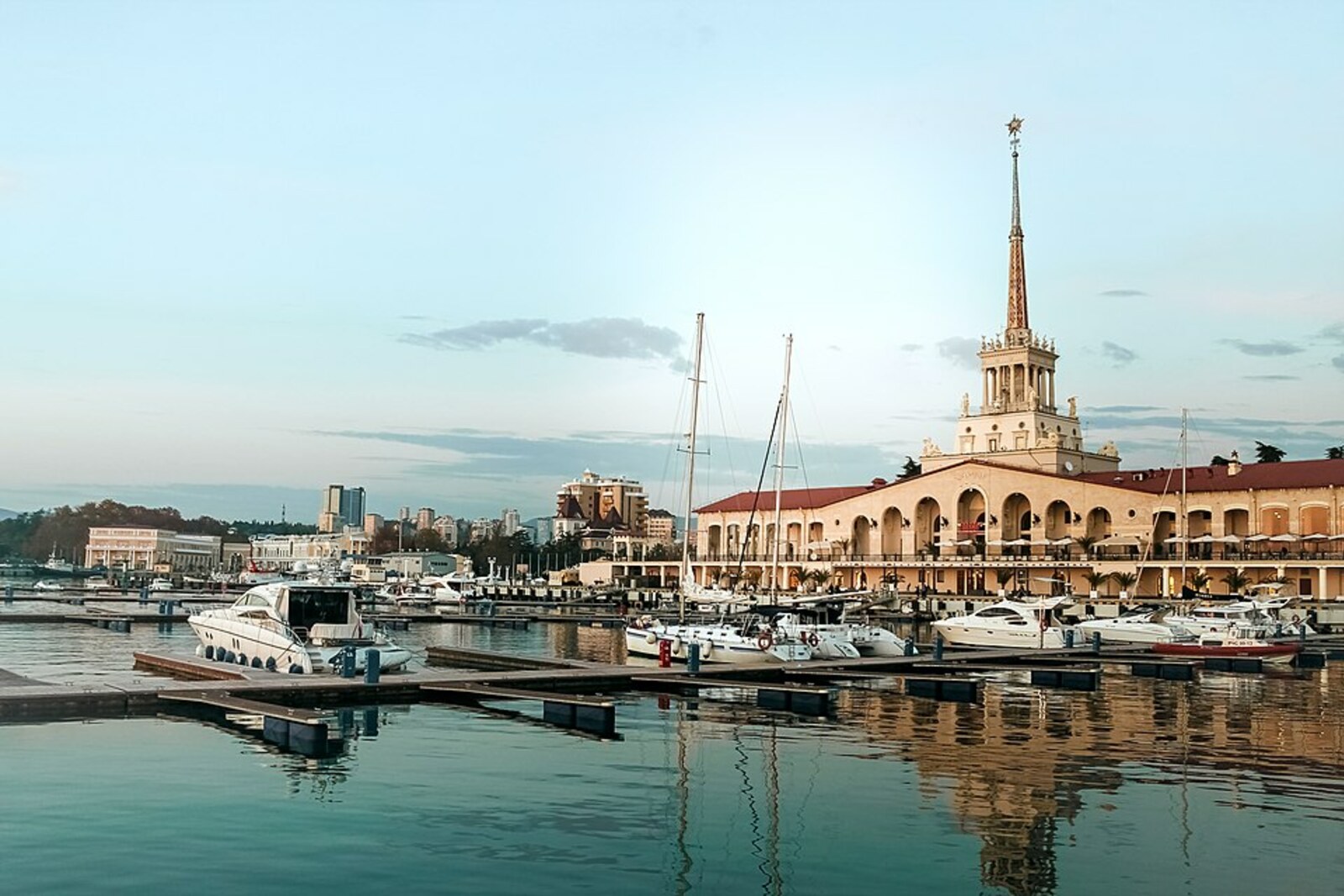 Sochi Sea Terminal with its spire and long galleries by the water.