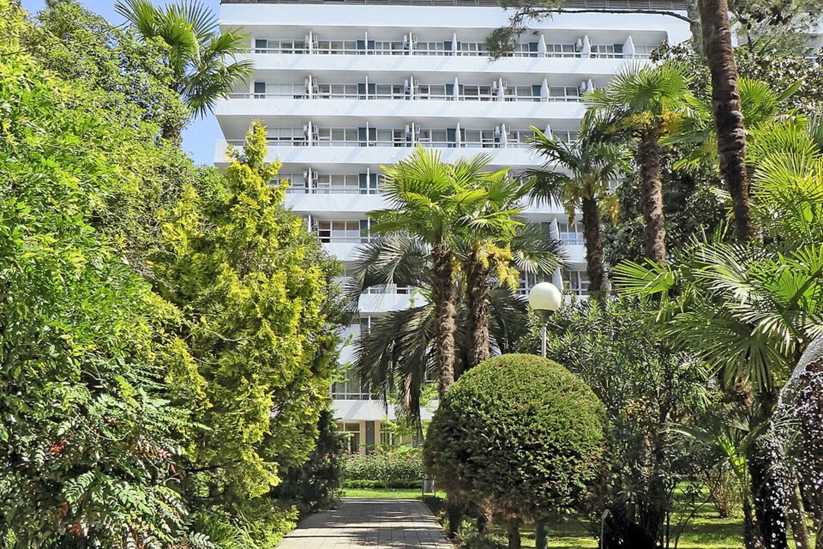 The Frunze Sanatorium building among subtropical trees.