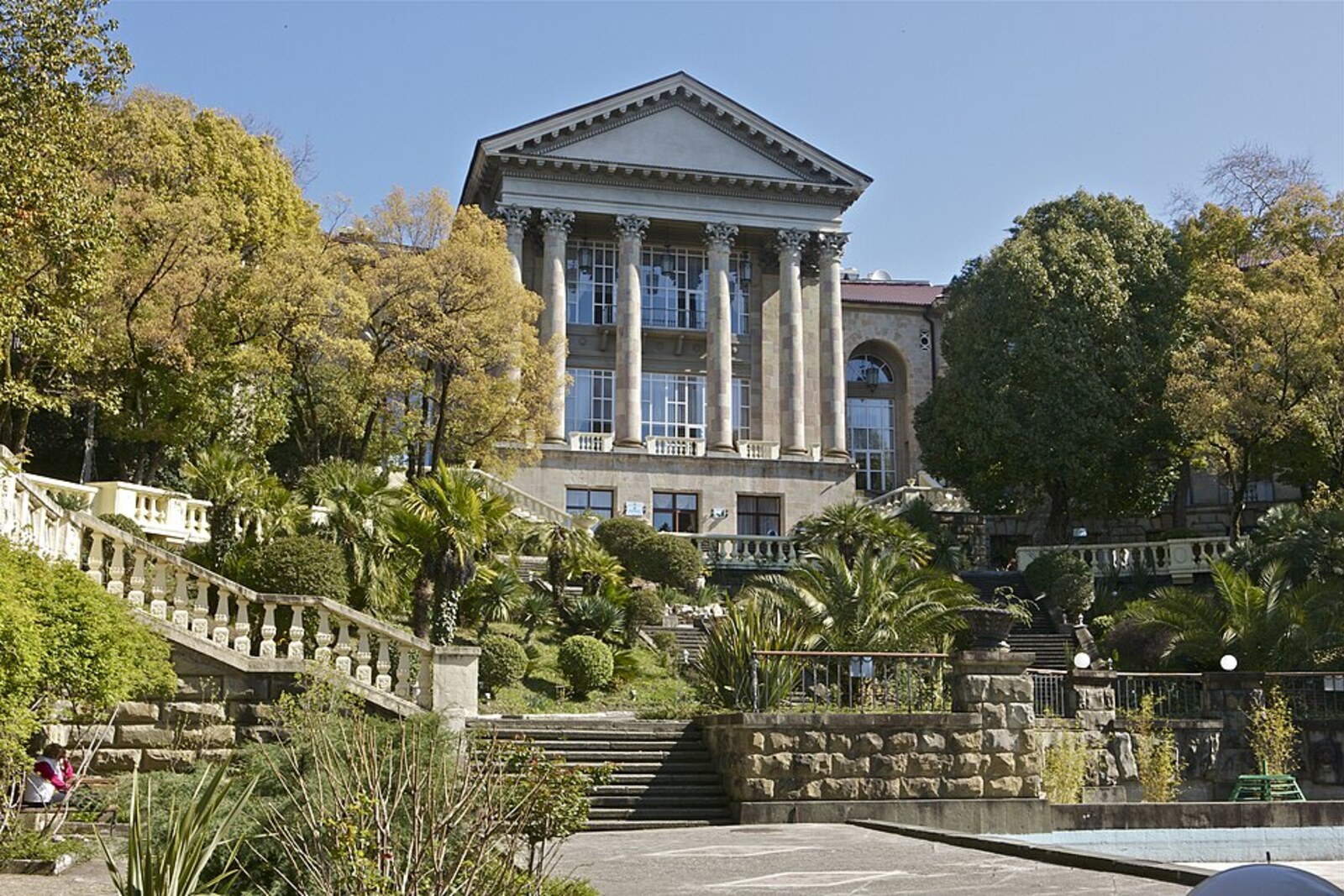 The main building of Metallurg Sanatorium above the ceremonial staircase and terraces.
