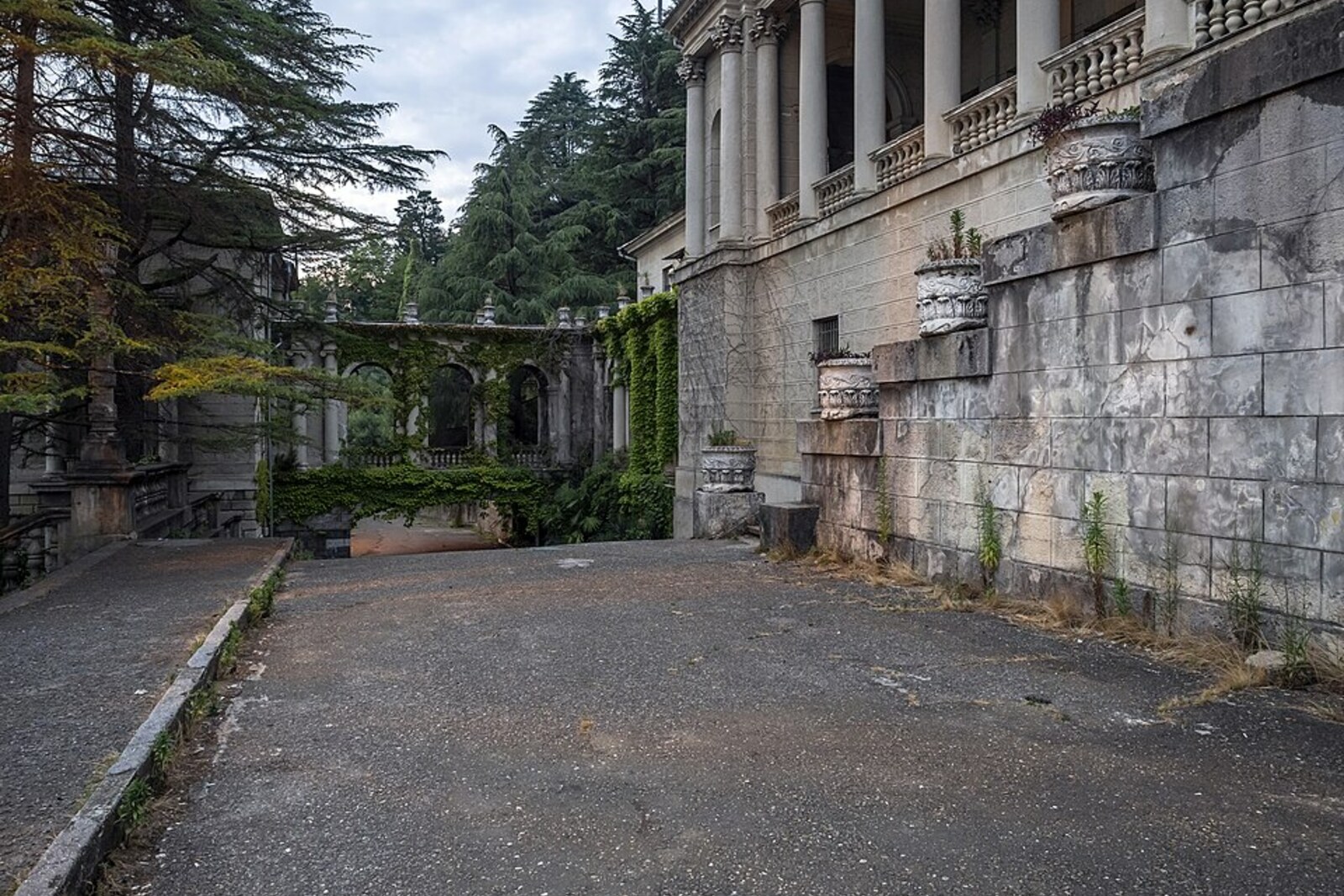 Evening view of the columned ensemble of the Ordzhonikidze Sanatorium.