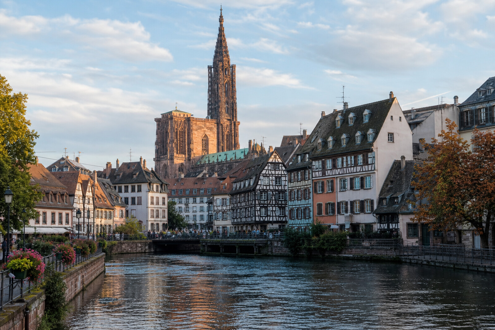 Notre-Dame Cathedral, half-timbered houses and the Ill river in Strasbourg