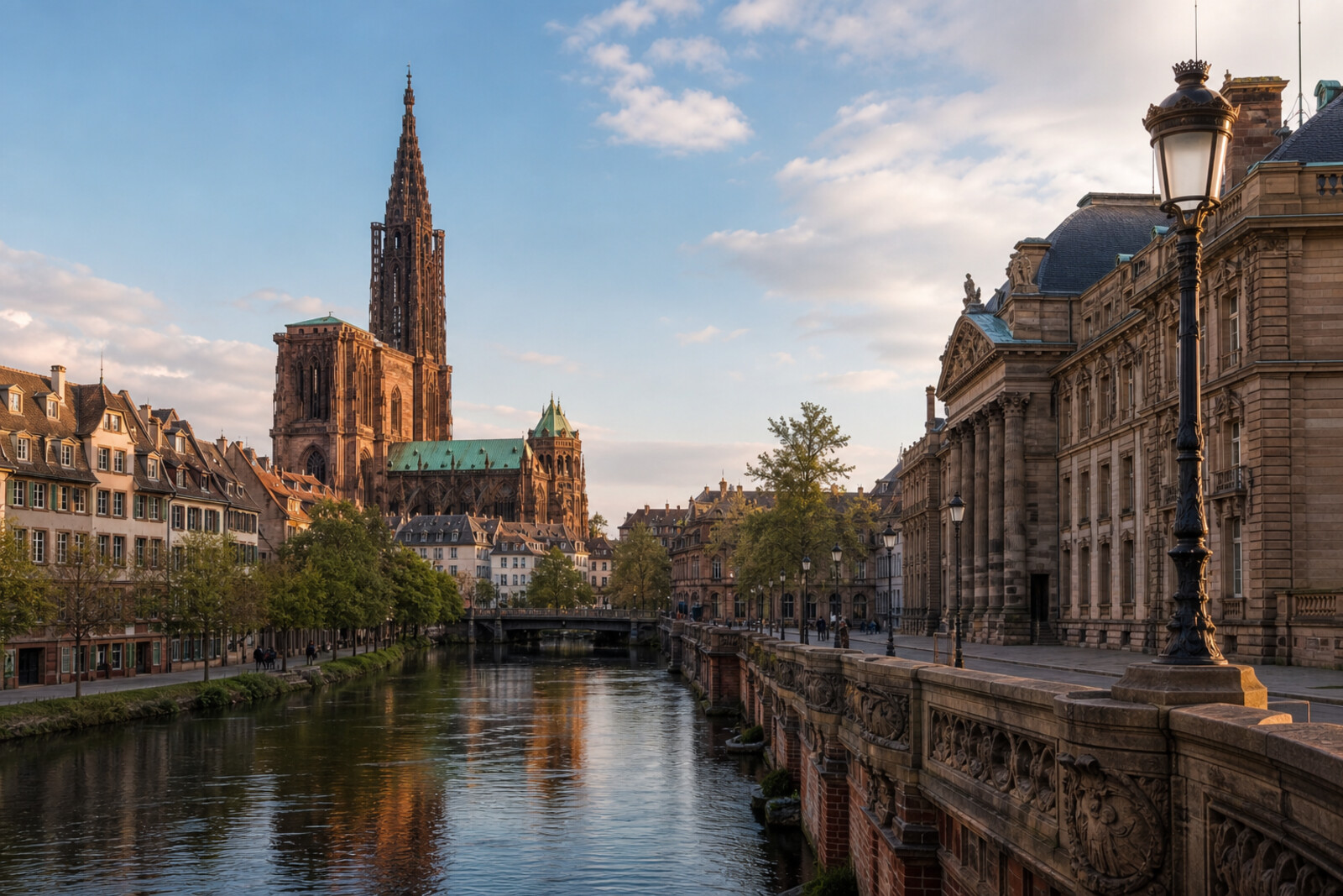 The Cathedral, the Ill, and the austere facades of Neustadt on a route through borderland Strasbourg.
