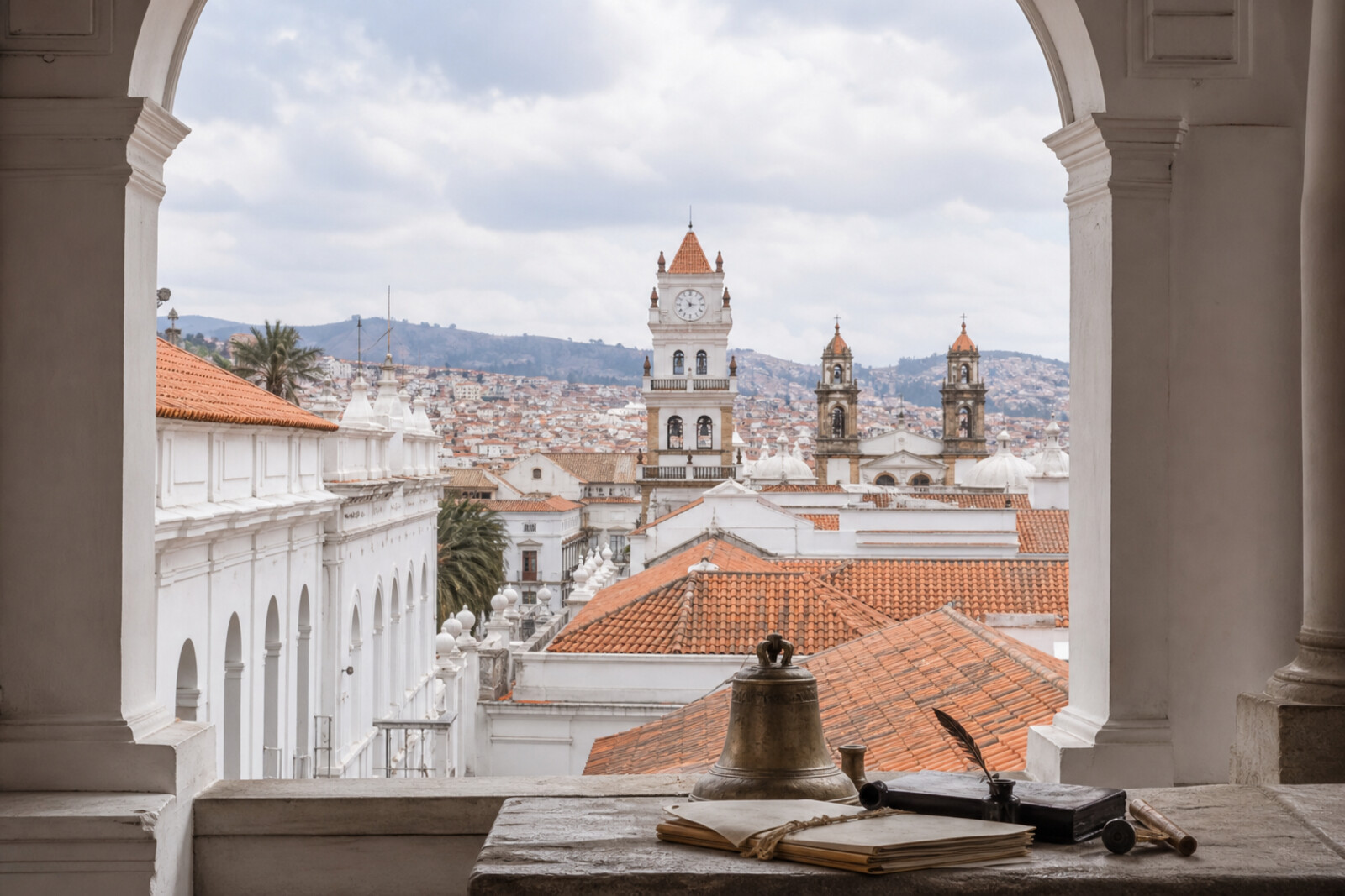 View of Sucre's historic center from beneath the white arch of La Recoleta, with a bell and documents on a stone parapet.