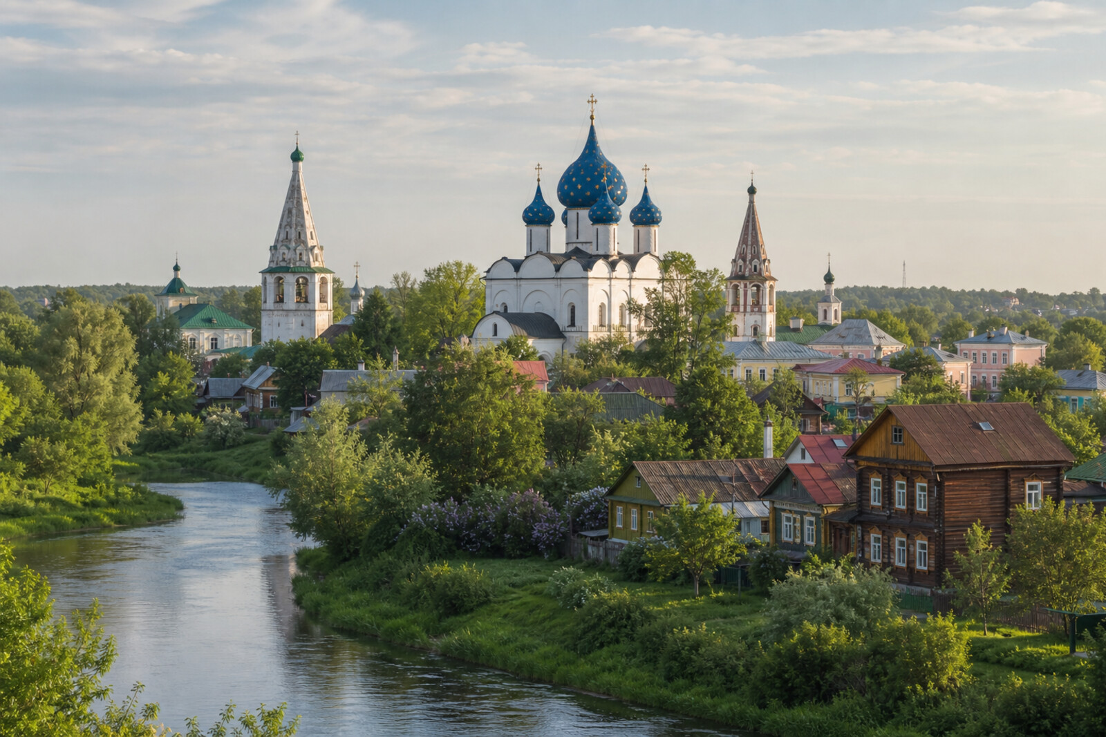 Suzdal's white-stone churches, wooden houses, and the Kamanka River in summer light.