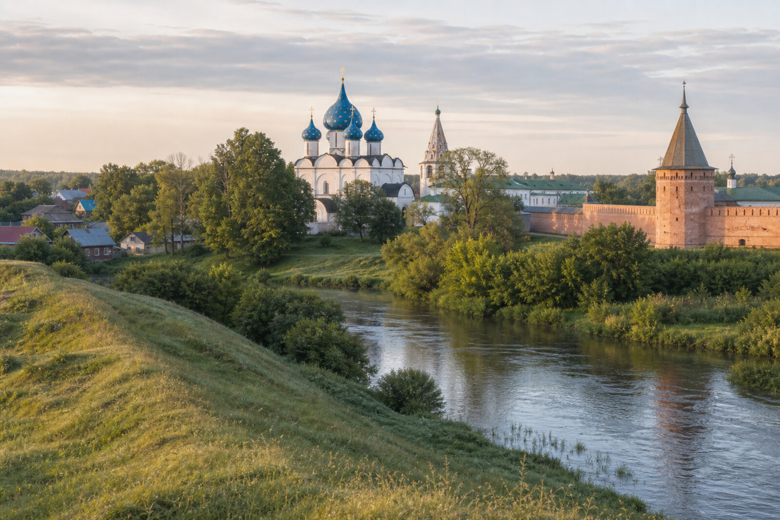 A view of Suzdal with an earthen rampart, the Nativity of the Theotokos Cathedral, the Kamenka River, and a monastery wall.