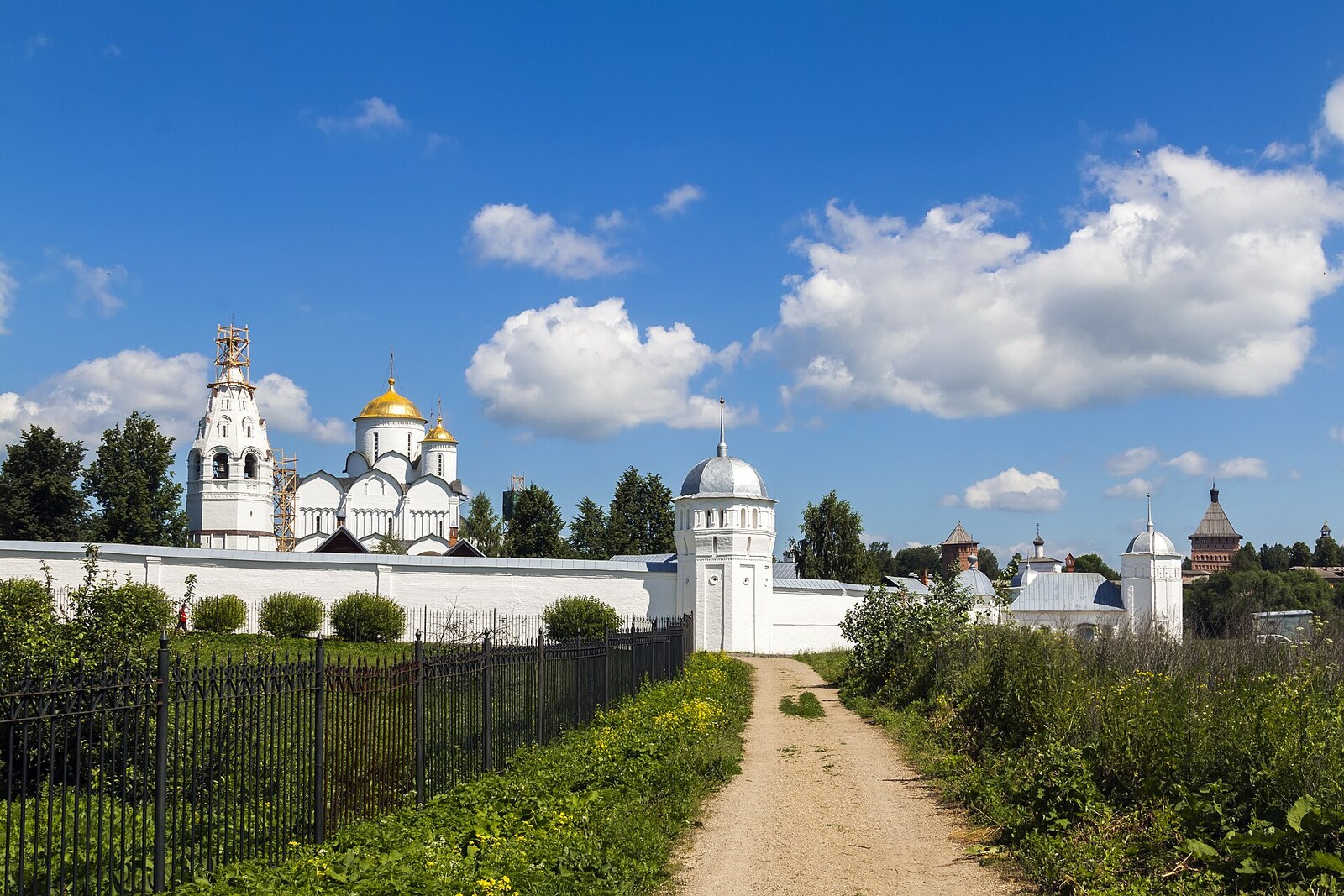 The white walls and churches of Pokrovsky Monastery above the Kamenka River valley.
