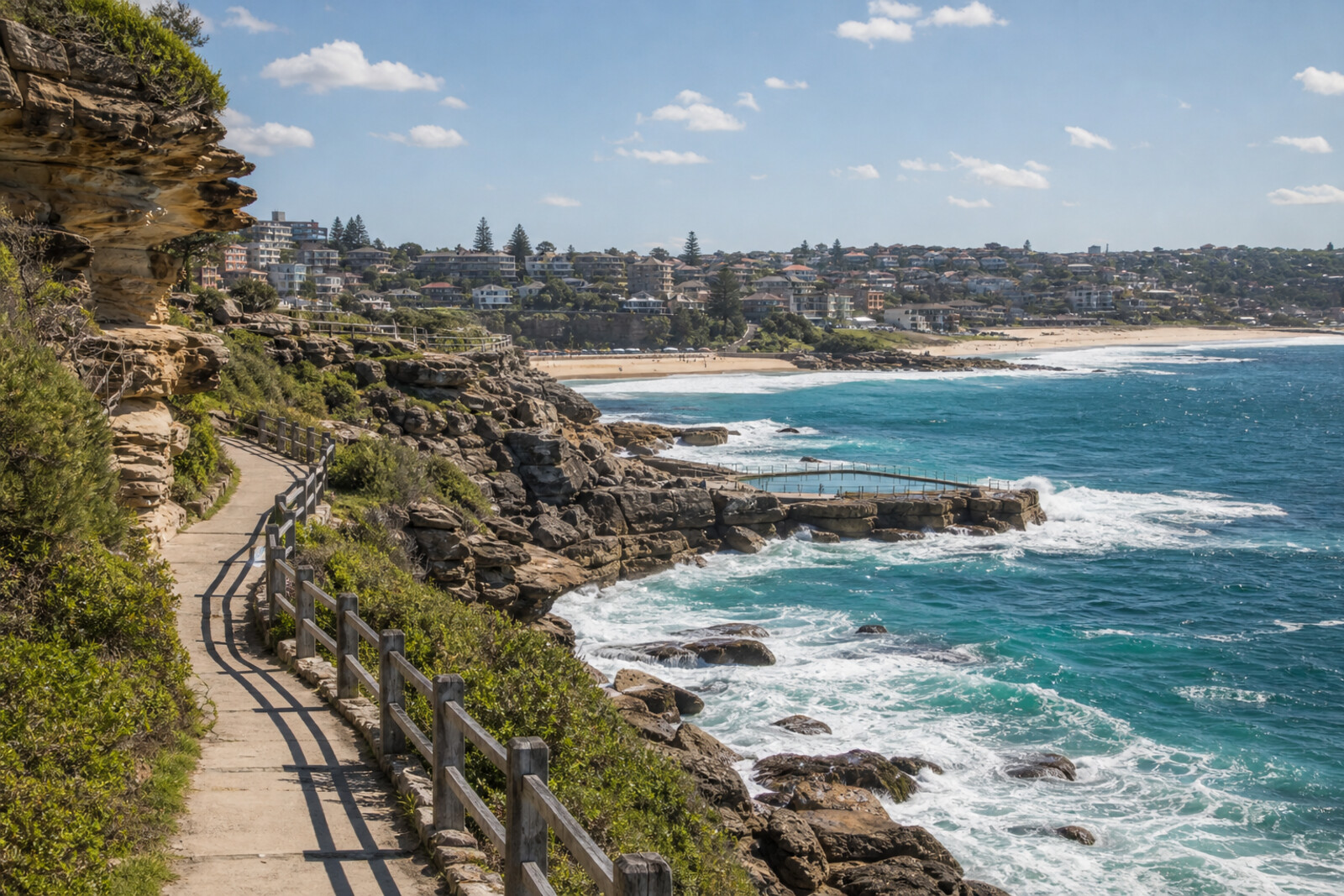 Illustrative view of the walk from Bondi Beach to Coogee: beaches, cliffs, and ocean pools along a winding trail