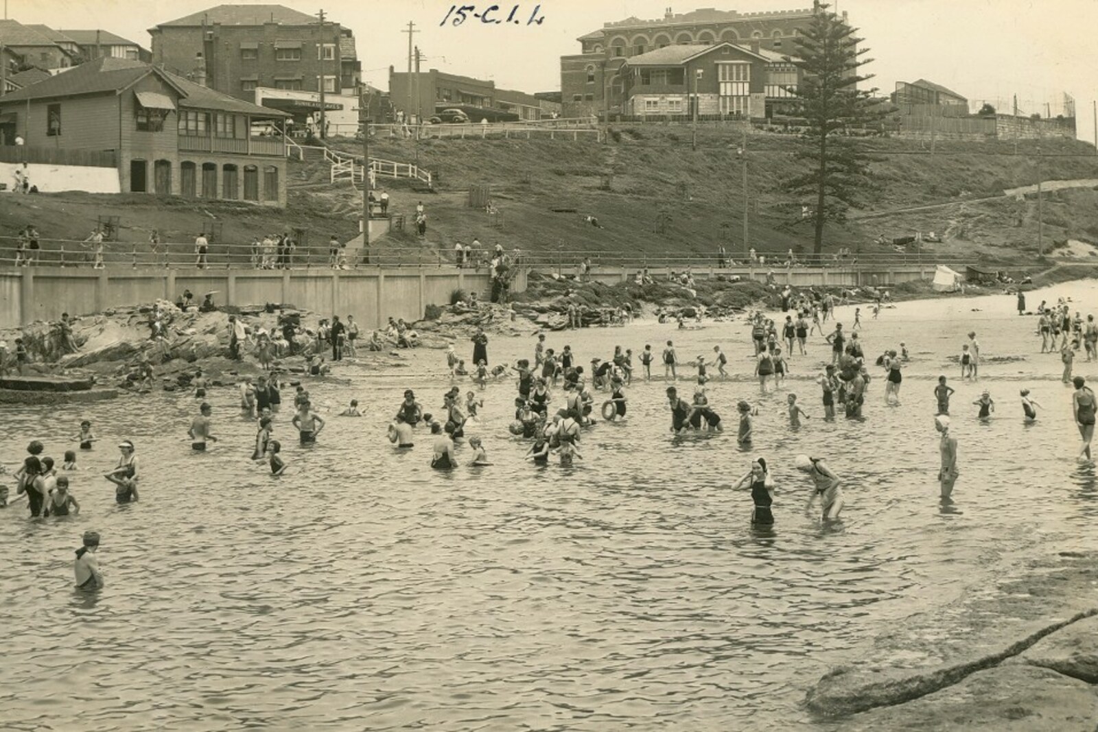 Historic photograph of Clovelly, Sydney: concrete platforms and the calm water of the bay