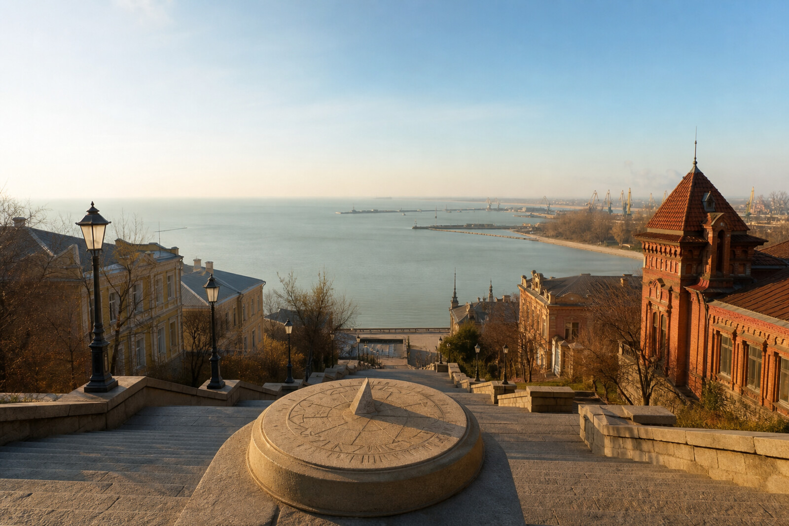 The Stone Staircase leads from the planned town down to Taganrog Bay; the monument to Peter the Great is visible in the distance.