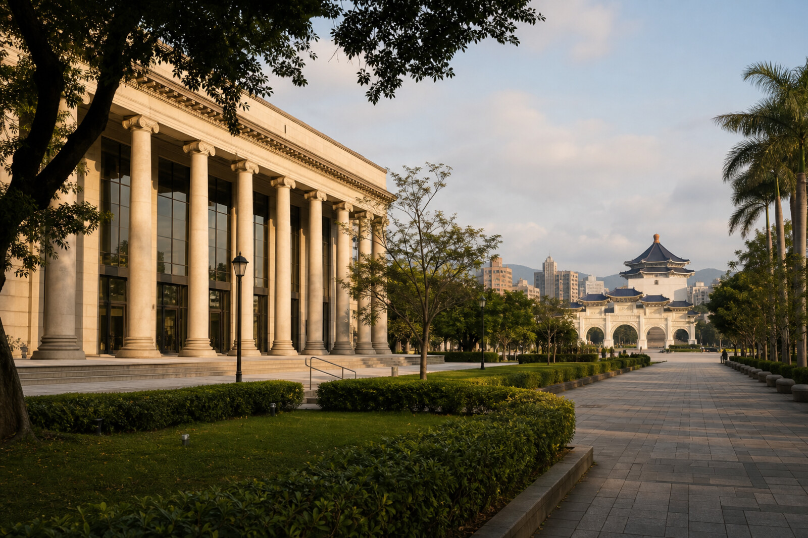 Conceptual view of 228 Peace Memorial Park with the museum and the Liberty Square arch in the background, in warm evening light