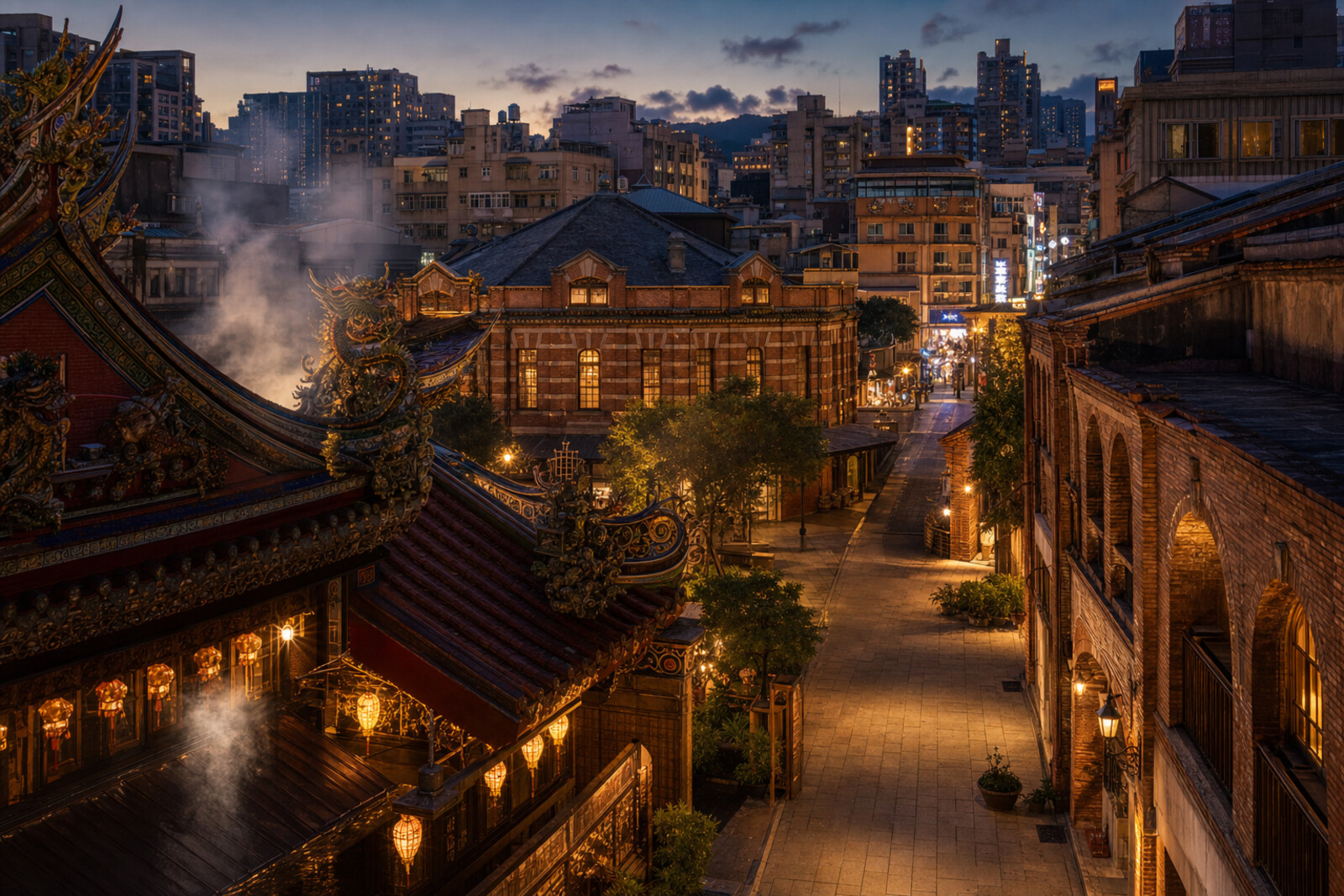 AI-generated editorial cover for the “taipei-mengjia-ximending-layers” route