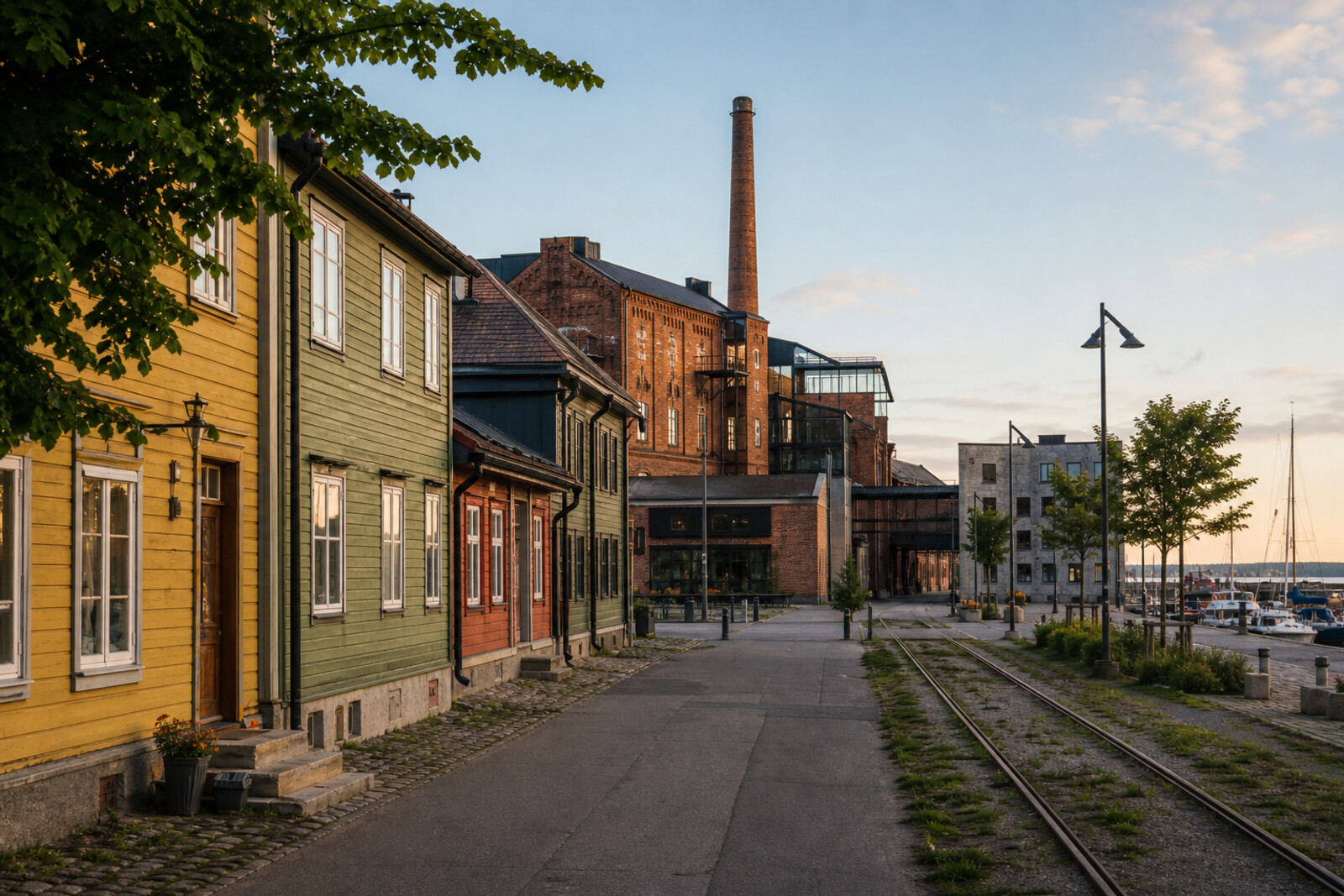 Wooden houses, old rails, and a marina at sunset