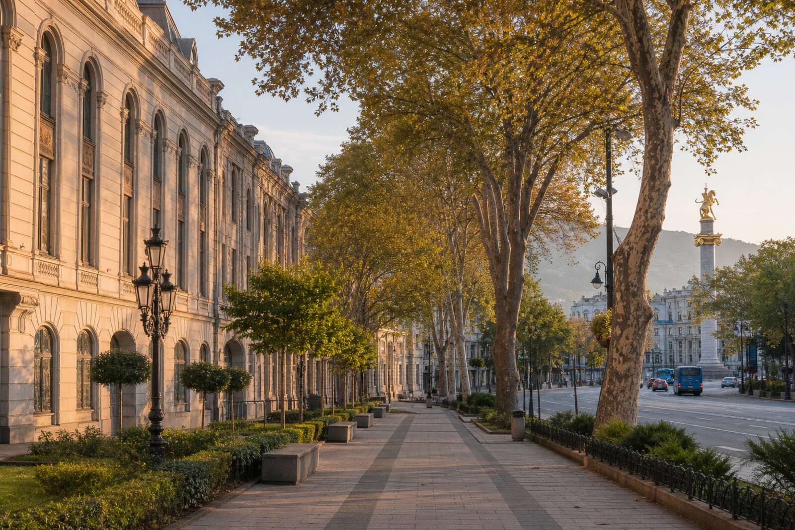 Illustration of Rustaveli Avenue with St. George's Column, theaters, and modern buildings