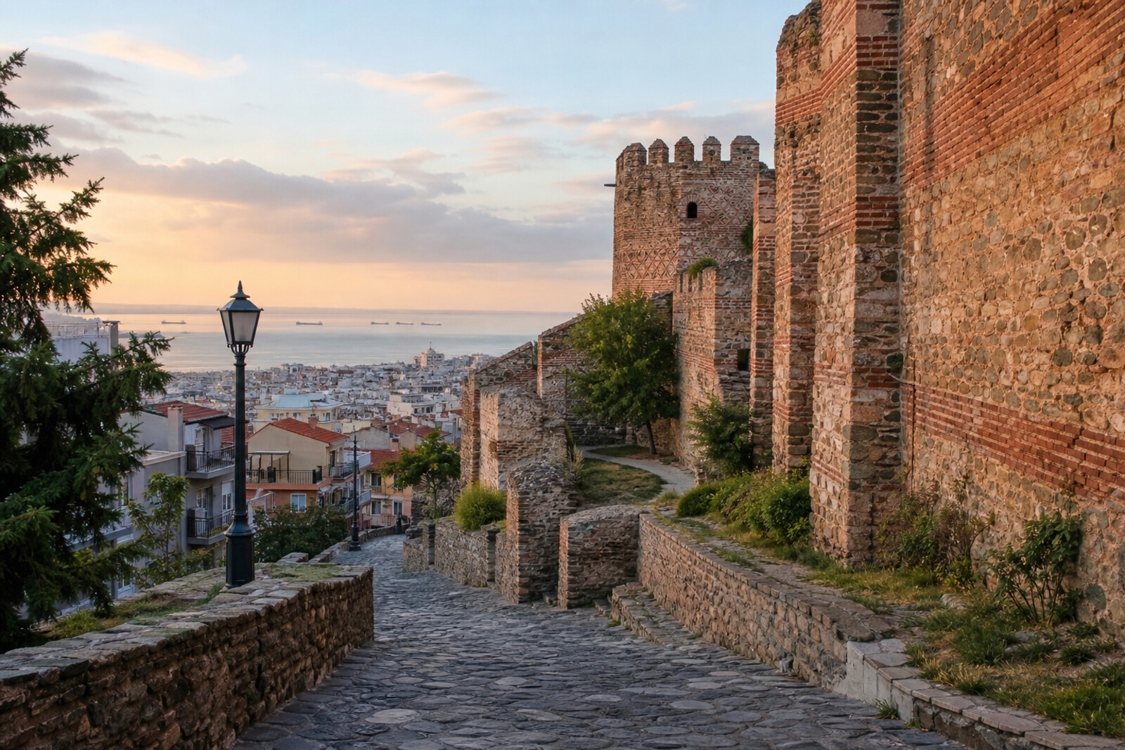 An evening climb from the Roman center of Thessaloniki to the Byzantine Walls of Thessaloniki and Trigoniou Tower.