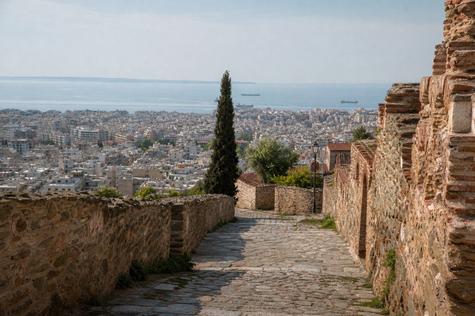 View of the brick Byzantine walls and the Upper City of Thessaloniki above the bay.