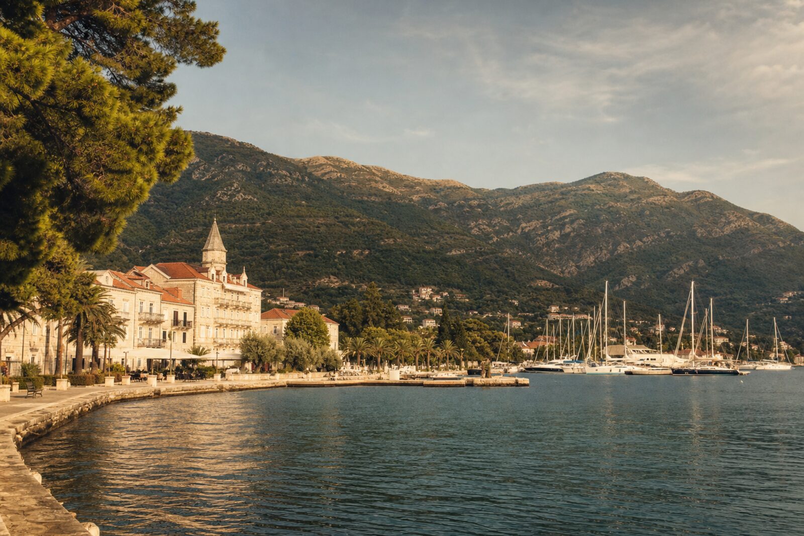 Bay of Tivat with marina, promenade, and green slopes