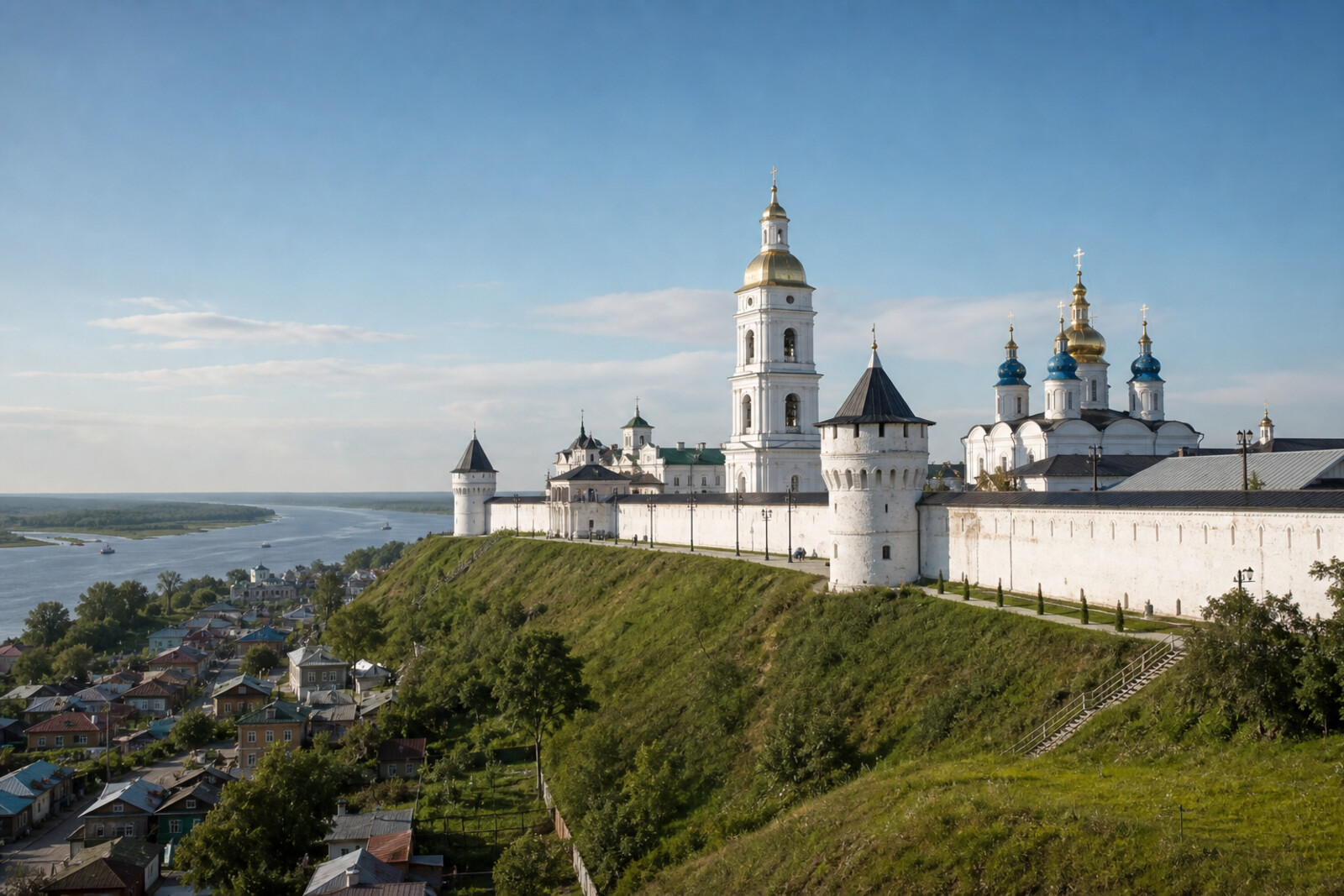 The white Tyumen Kremlin on the high bank above the Lower Settlement and the Irtysh River.