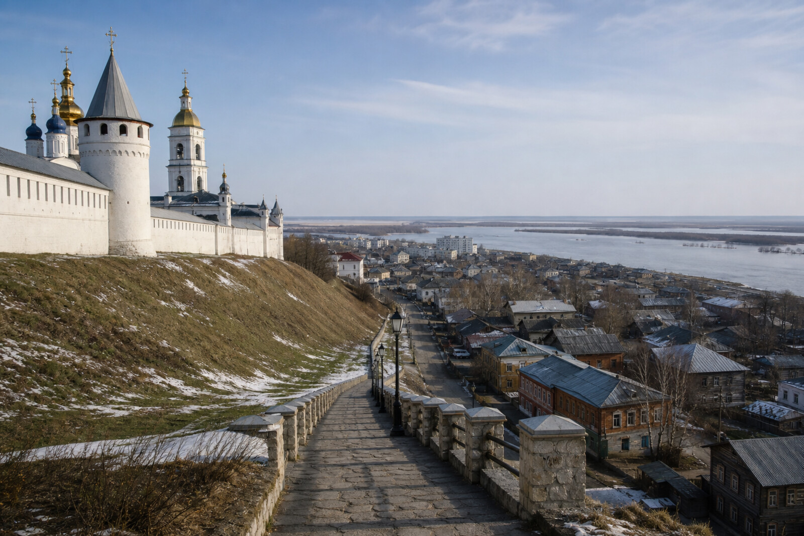 Tobolsk Kremlin above Lower Posad and the Irtysh River; the vzvoz links the upper and lower town.