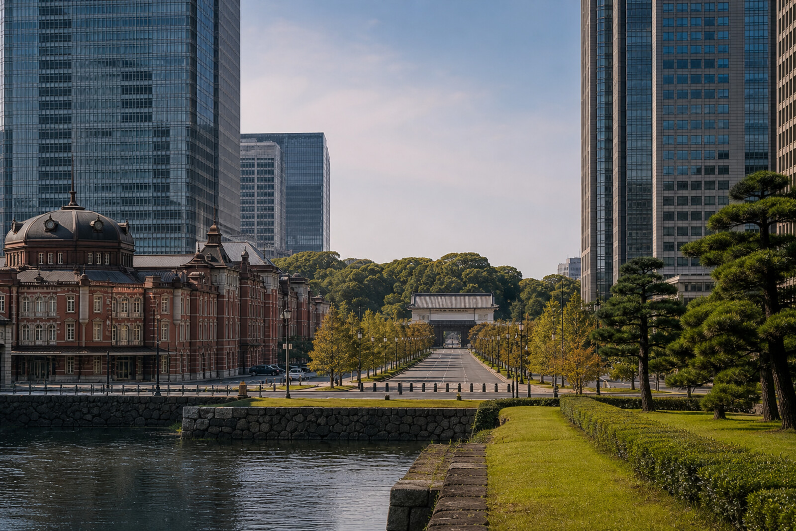 Route cover: the contrast between the red-brick station and the palace moat, with greenery and the city skyline