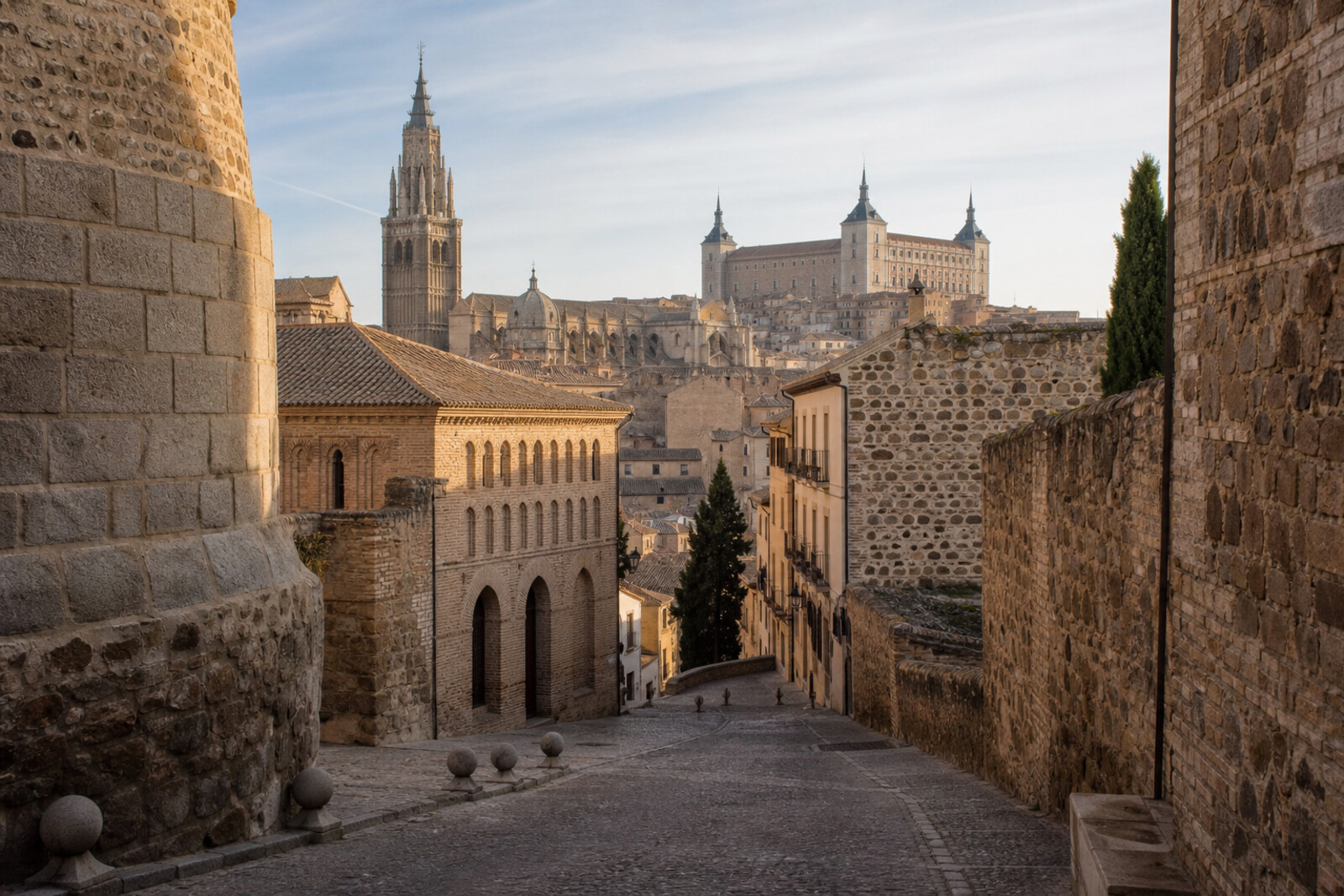 Morning view of upper Toledo on a stone ridge, with the gate, cathedral tower, and Alcázar of Toledo.